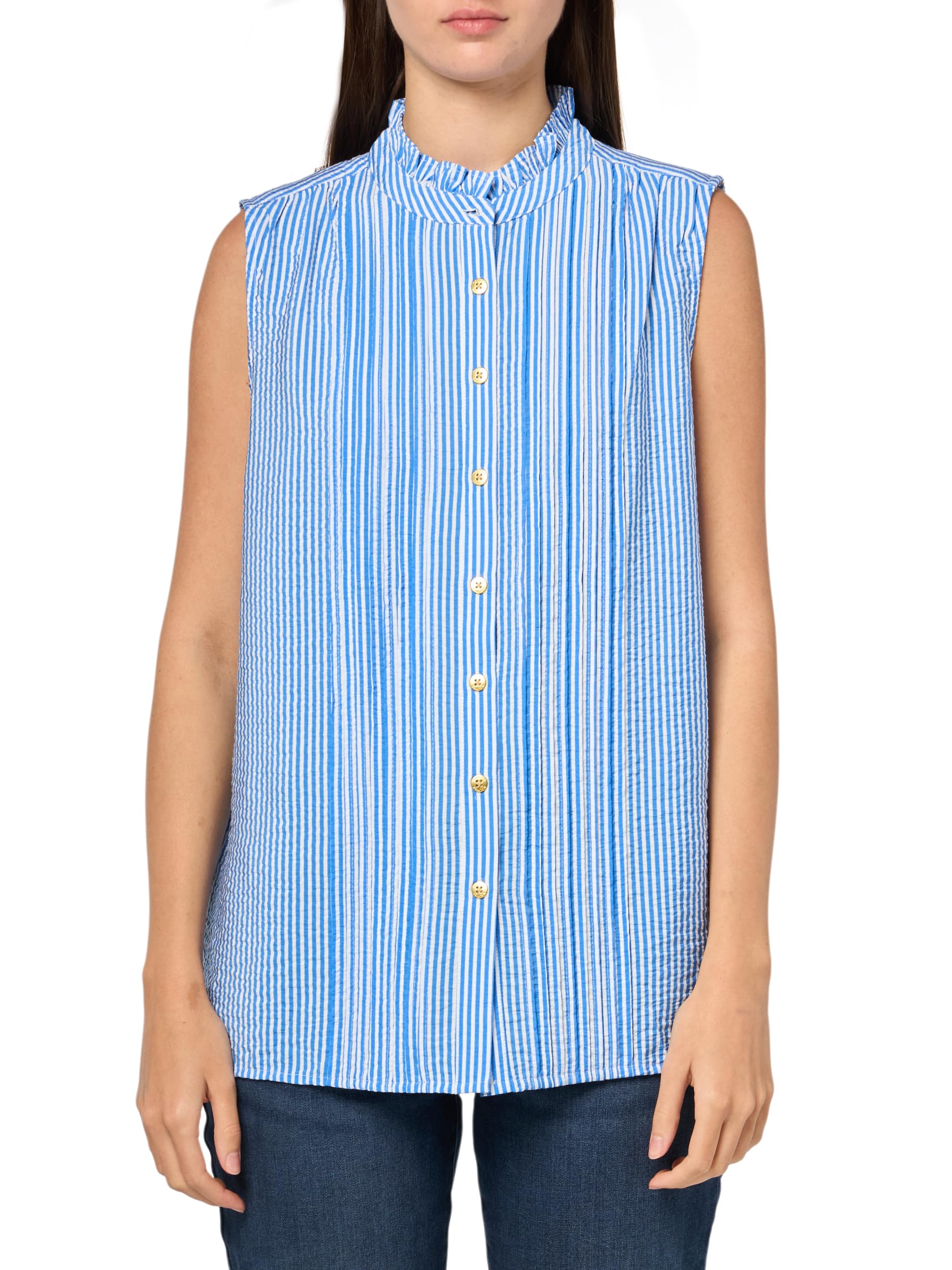 Nautica Damen Sleeveless Pintuck Ruffle Neck Tile Print Striped Shirt Ärmelloses Hemd mit Biesen, Rüschenausschnitt, Fliesendruck, gestreift