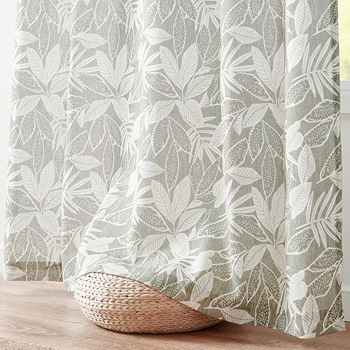 Miniatura 7 de Vangao Cortinas de mezcla de lino gris para sala de estar, 96 pulgadas de largo, cortinas semitransparentes para dormitorio, cortinas botánicas con