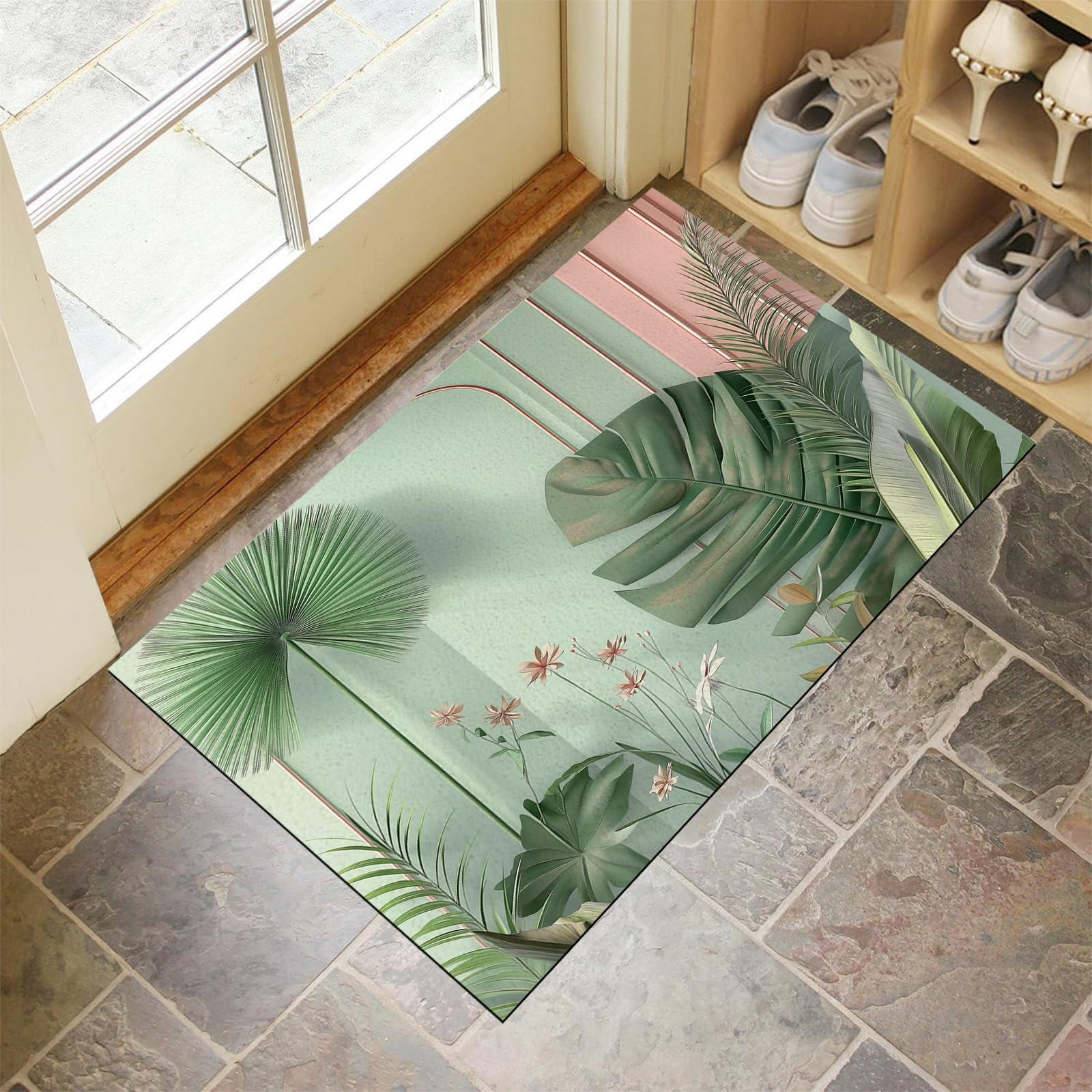 Paillasson attrape poussière 60x90cm avec tapis antidérapant imprimé feuilles de bananier pour entrée