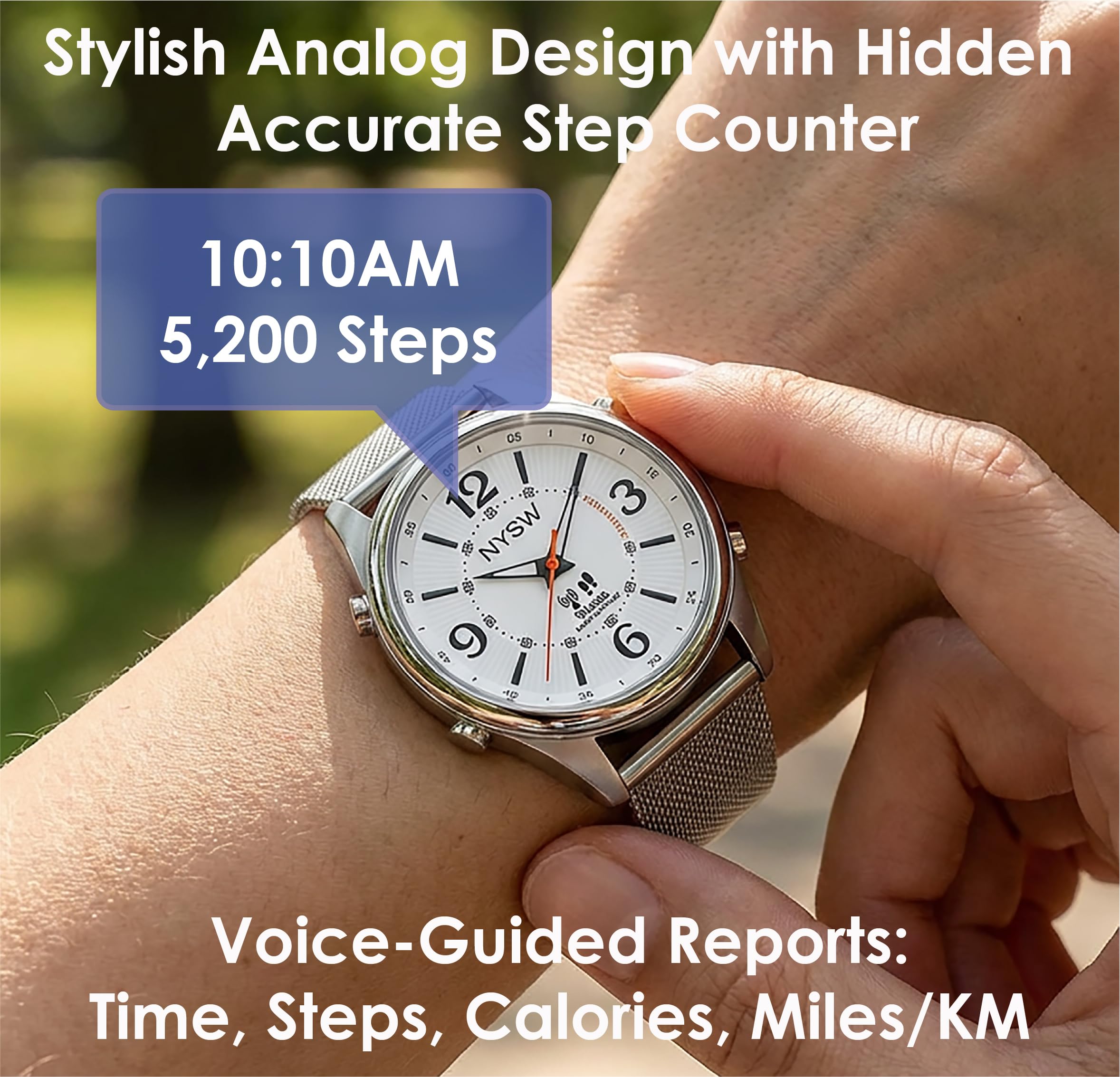 Orologio parlante atomico da uomo con contapassi, contacalorie e miglia | imposta, sempre preciso, ora legata all'ora legale automatica | senza app, senza Bluetooth | per ipovedenti e