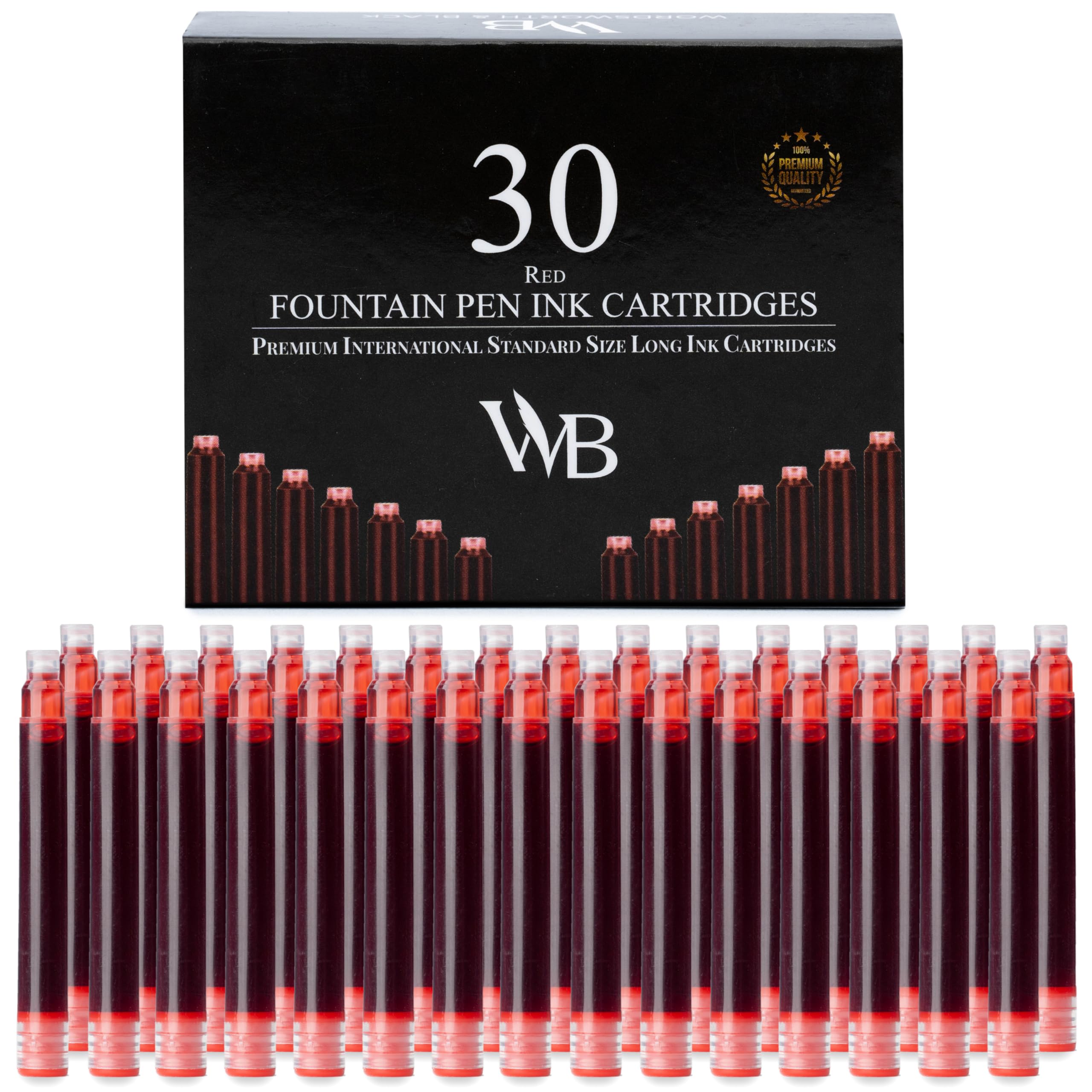 Wordsworth & Black Fountain Pen Ink Refills, Set of 30 Red Ink Cartridges, International Standard Size, Length APPR 2.3"