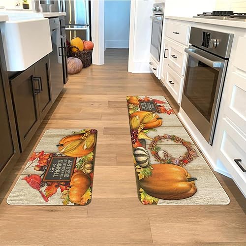 Miniatura 6 de Juego de 2 alfombras y tapetes de cocina con diseño de calabaza otoñal, dar gracias con un corazón agradecido, tapetes de cocina lavables de