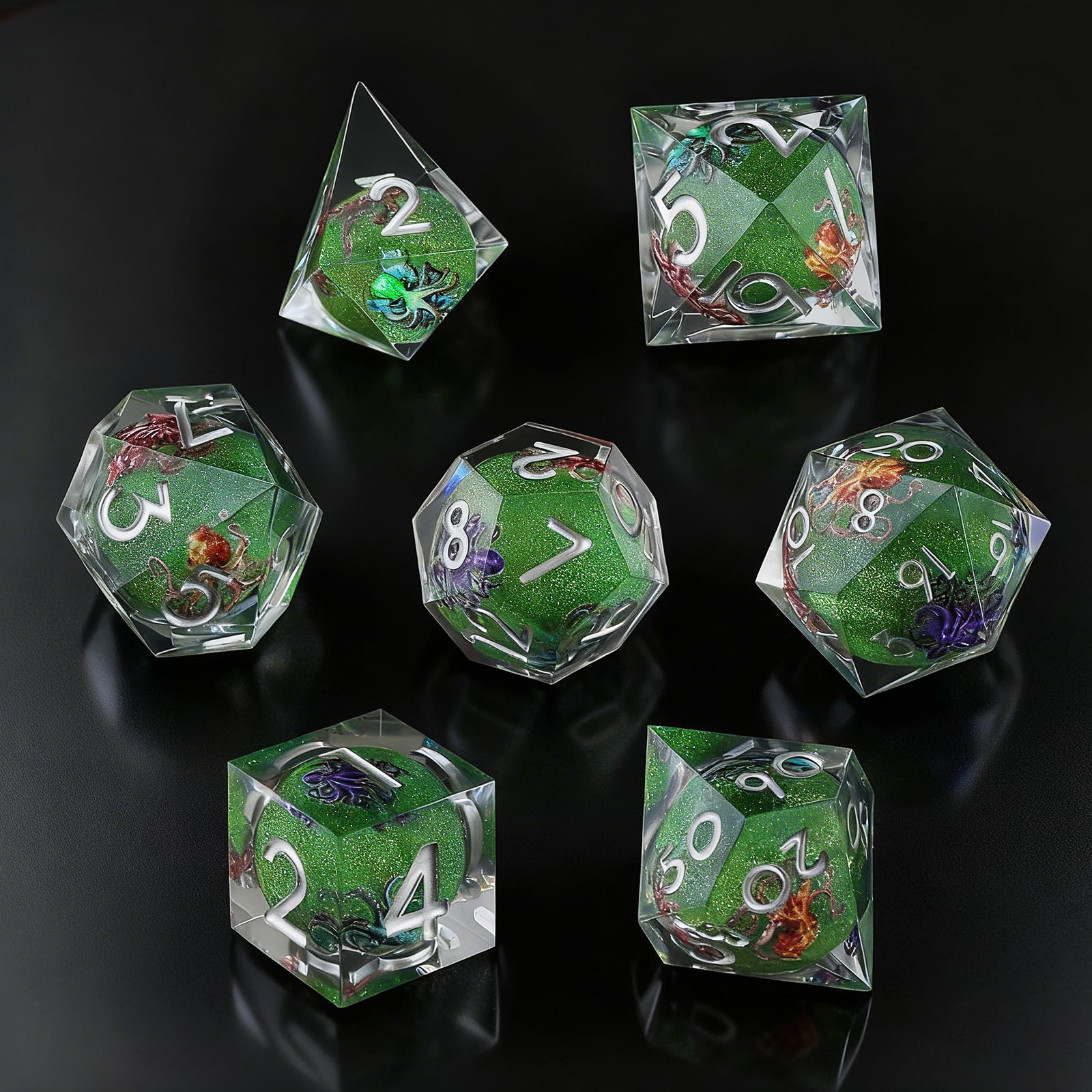 ORUZA 7 PCS Polyhedral Liquid Core DND Dice, Resin Sharp Edge Quicksand D&D Dice Set for Dungeons and Dragons RPG MTG Role Playing Game Dice D20 D12 D10 D8 D6 D4 D%