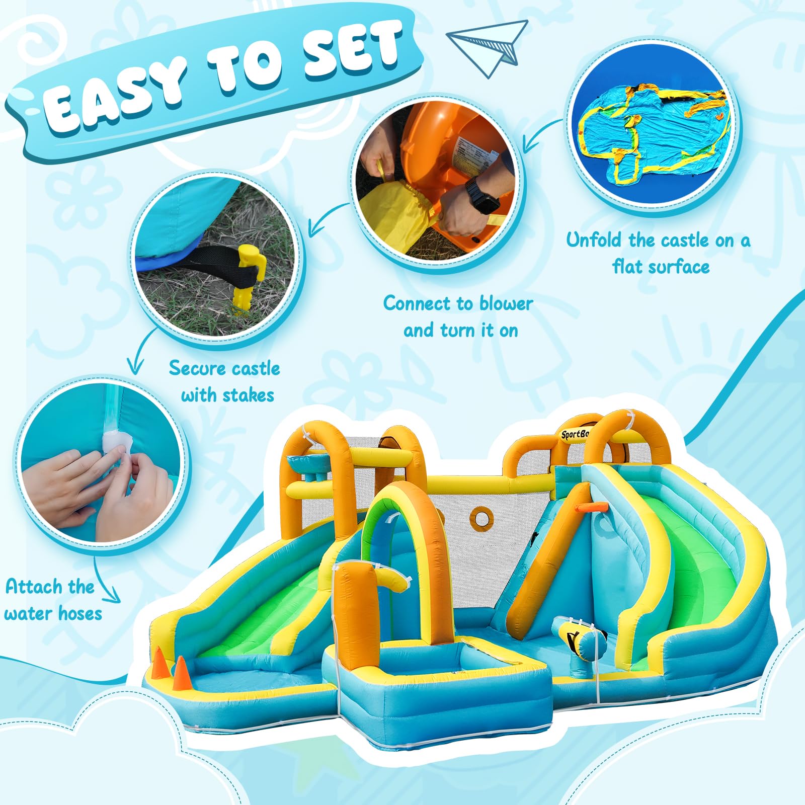 Hüpfburg mit Gebläse und Wasserrutsche, Hüpfburg Kinder für Indoor & Outdoor, Groß Wasser hüpfburgen wasserpark Kinder Outdoor mit Doppelrutsche, Regenbogentor, Wasserkanonen