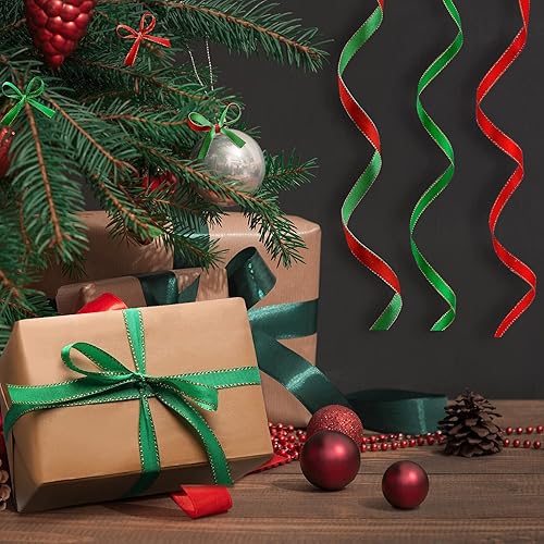Miniatura 4 de Cinta de satén de Navidad de 50 yardas, cinta de satén de doble cara decorativa roja y verde con bordes dorados, cintas de satén de doble cara para