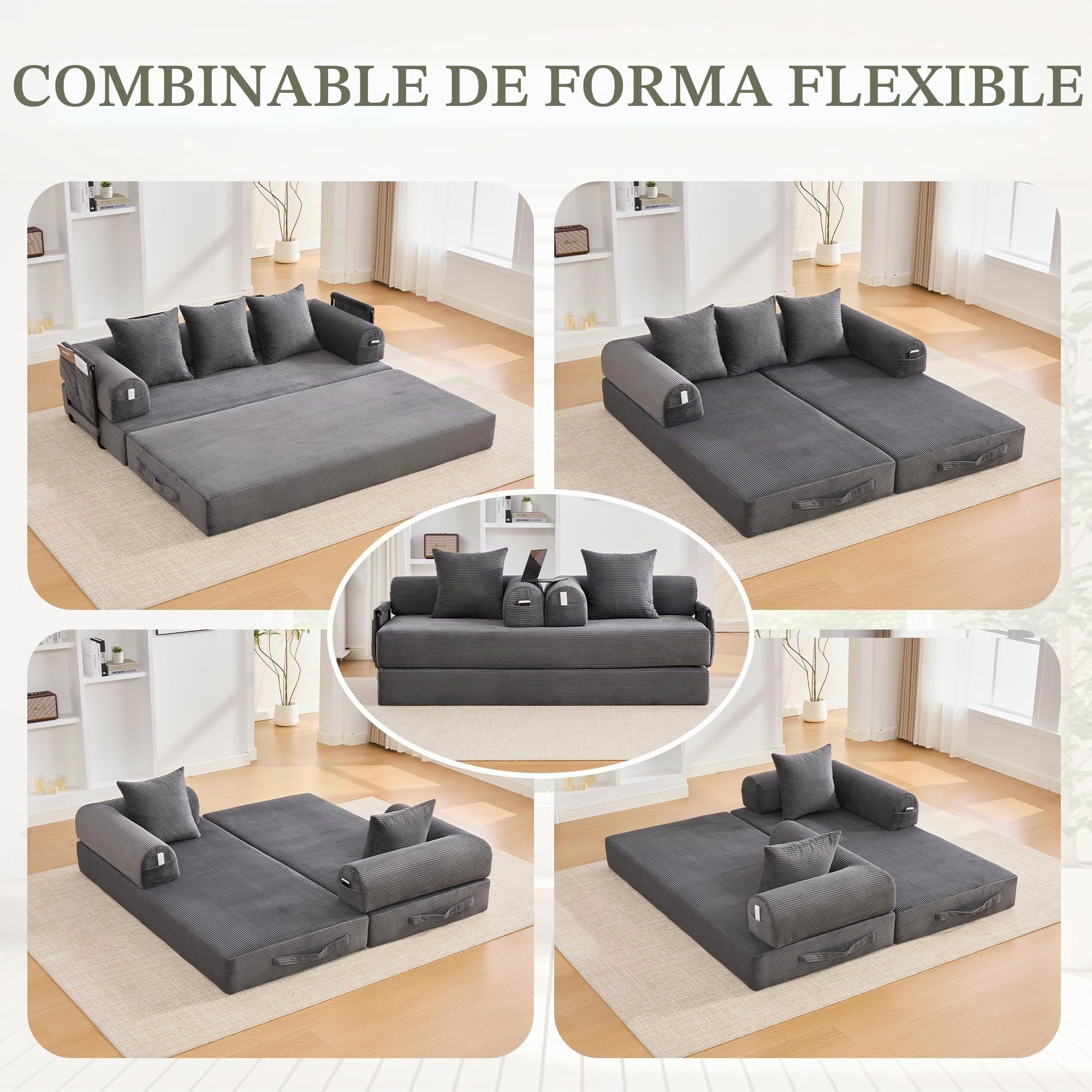 Sofá Modular sin Boneless, Sofá Cama Plegable con Marco de Metal Resistente, Bolsillos Laterales + 3 Almohadas, 200 × 94 × 67 cm, Gris Oscuro