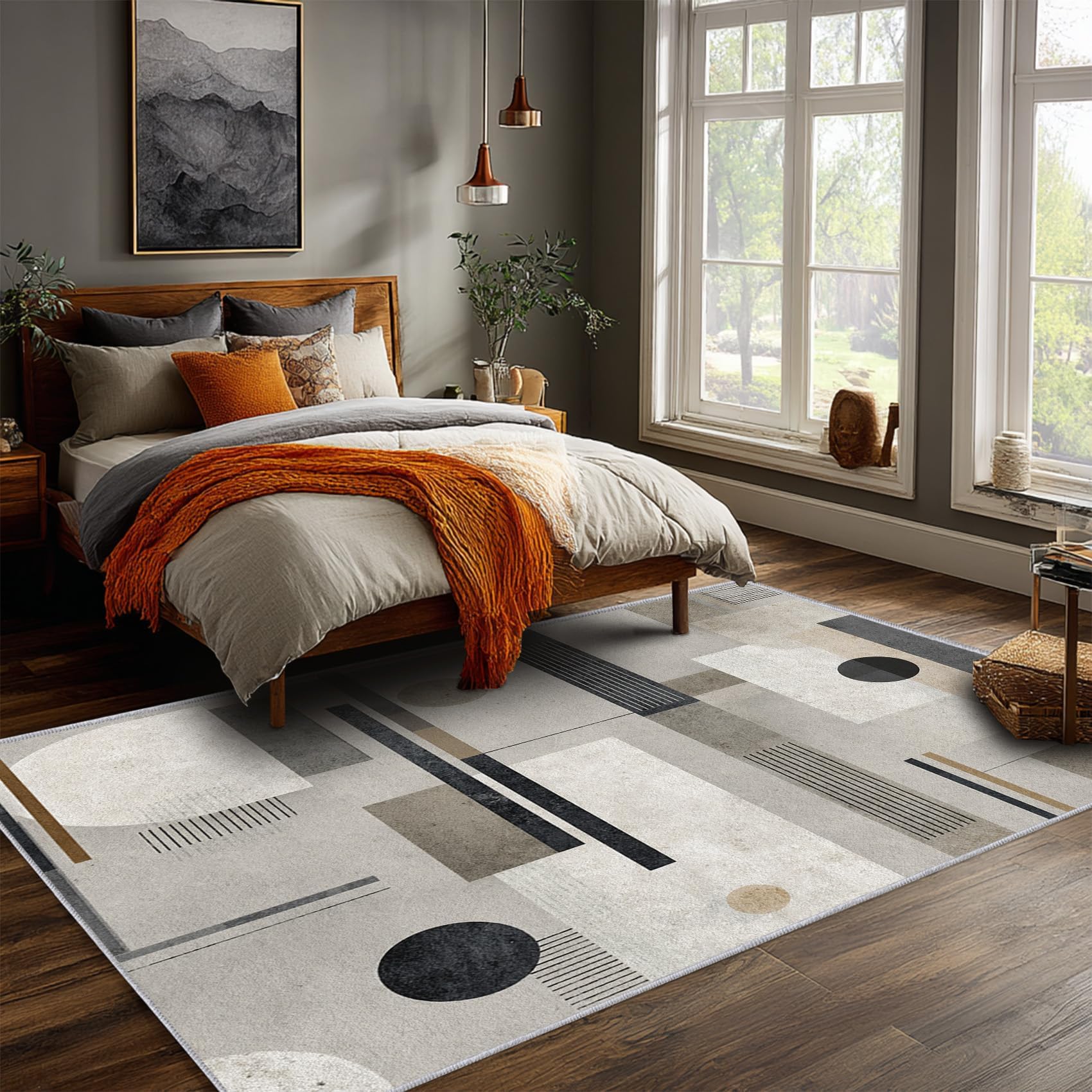 Tapis 180x280 cm Motif géométrique Abstrait Noir et Gris, Style Moderne Milieu du siècle, Grand antidérapant et Lavable pour la décoration de Chambre