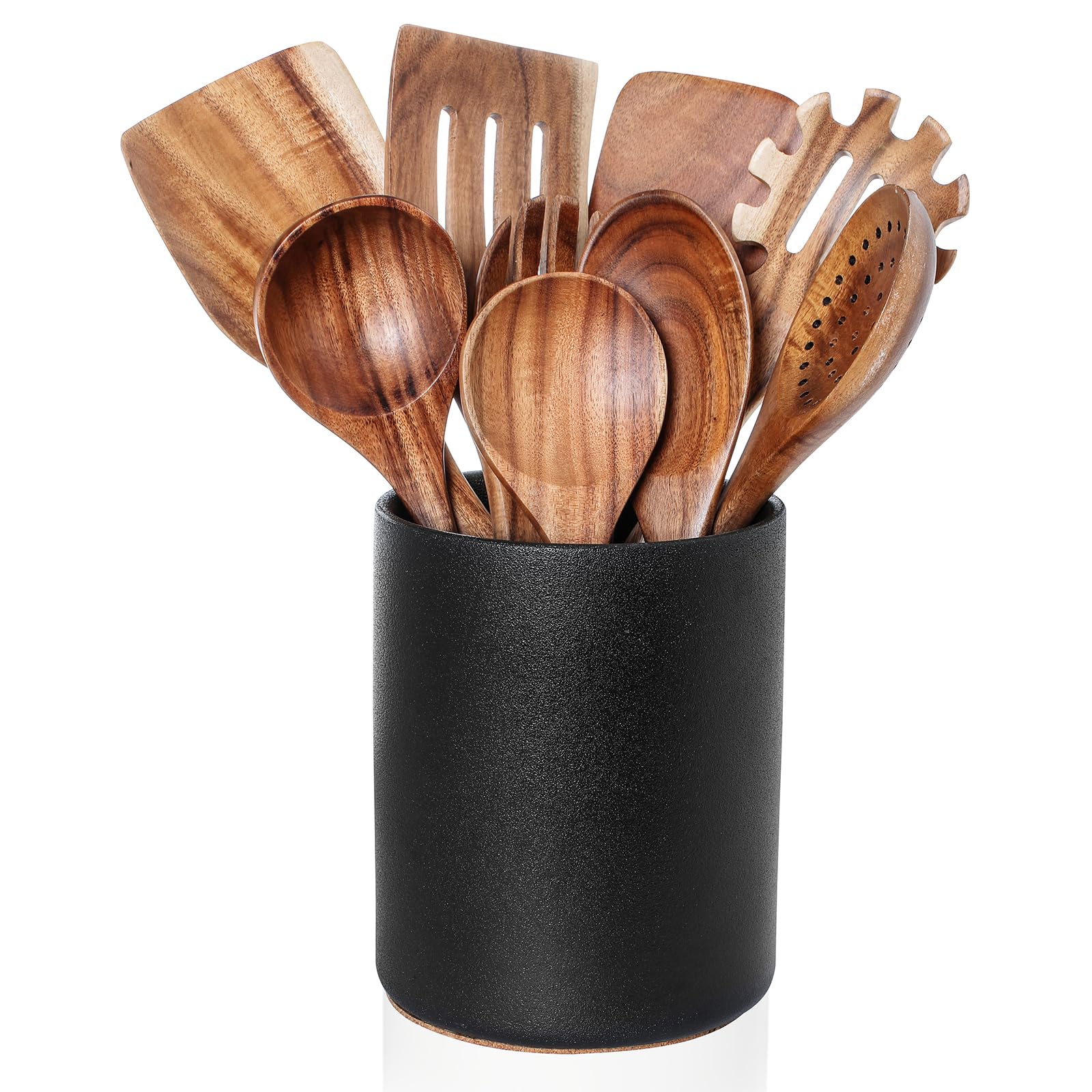 Kochutensilien-Set aus Holz mit Keramikhalter, Teakholz, 10 Stück | Halter für Arbeitsplatte mit Schutz aus Kork, Antihaft-Löffel, Spatel-Set, Küchendekoration, Steinschwarz