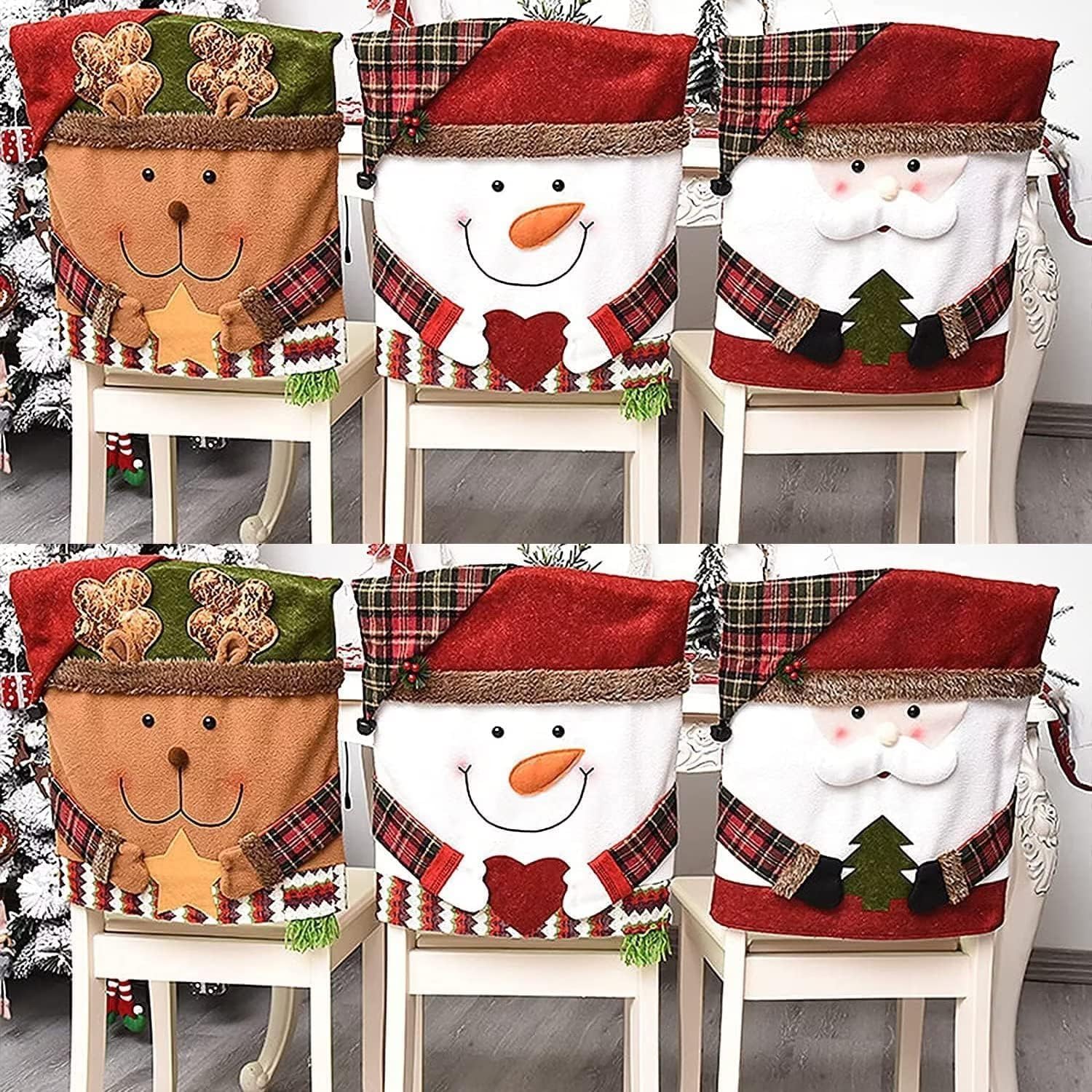 NBVKO Santa Claus Snowman Christmas Dining Room Chair Back Cover Set of 6, Removable Washable Chair Protector for Home, Restaurant,Christmas Dinner Chairs Cover Decoration