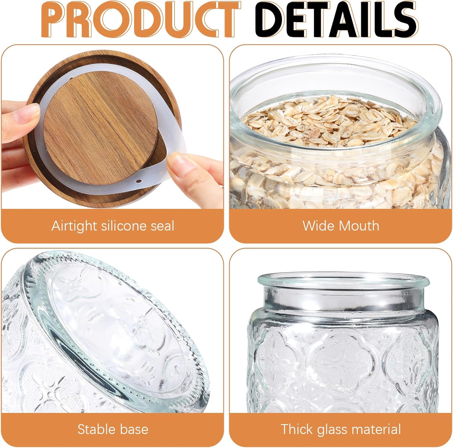 Domensi 6 Pcs Vintage Glass Jars 34 oz Glass Storage Jars with Lids Begonia Pattern Airtight Storage Jars for Kitchen Counter, Pantry, Coffee Bean, Grains, Tea, Sugar, Flour, Candy, Oats