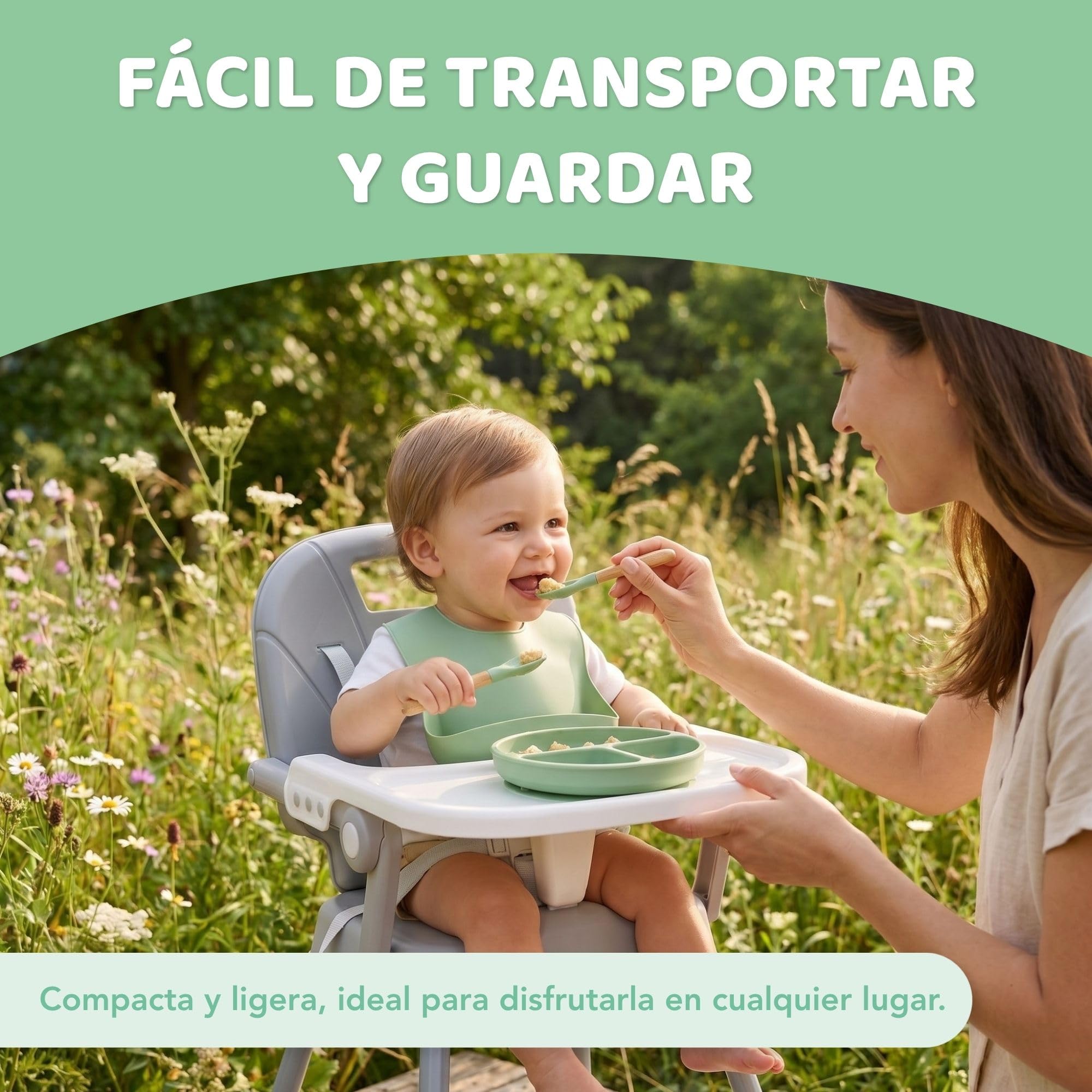 Tronas De Bebe 3 En 1 Con Kit Vajilla de Silicona – Silla Bebe Comer Con Asiento Acolchado - Trona Bebe Plegable Fácil De Limpiar, Montaje Rápido, Estabilidad