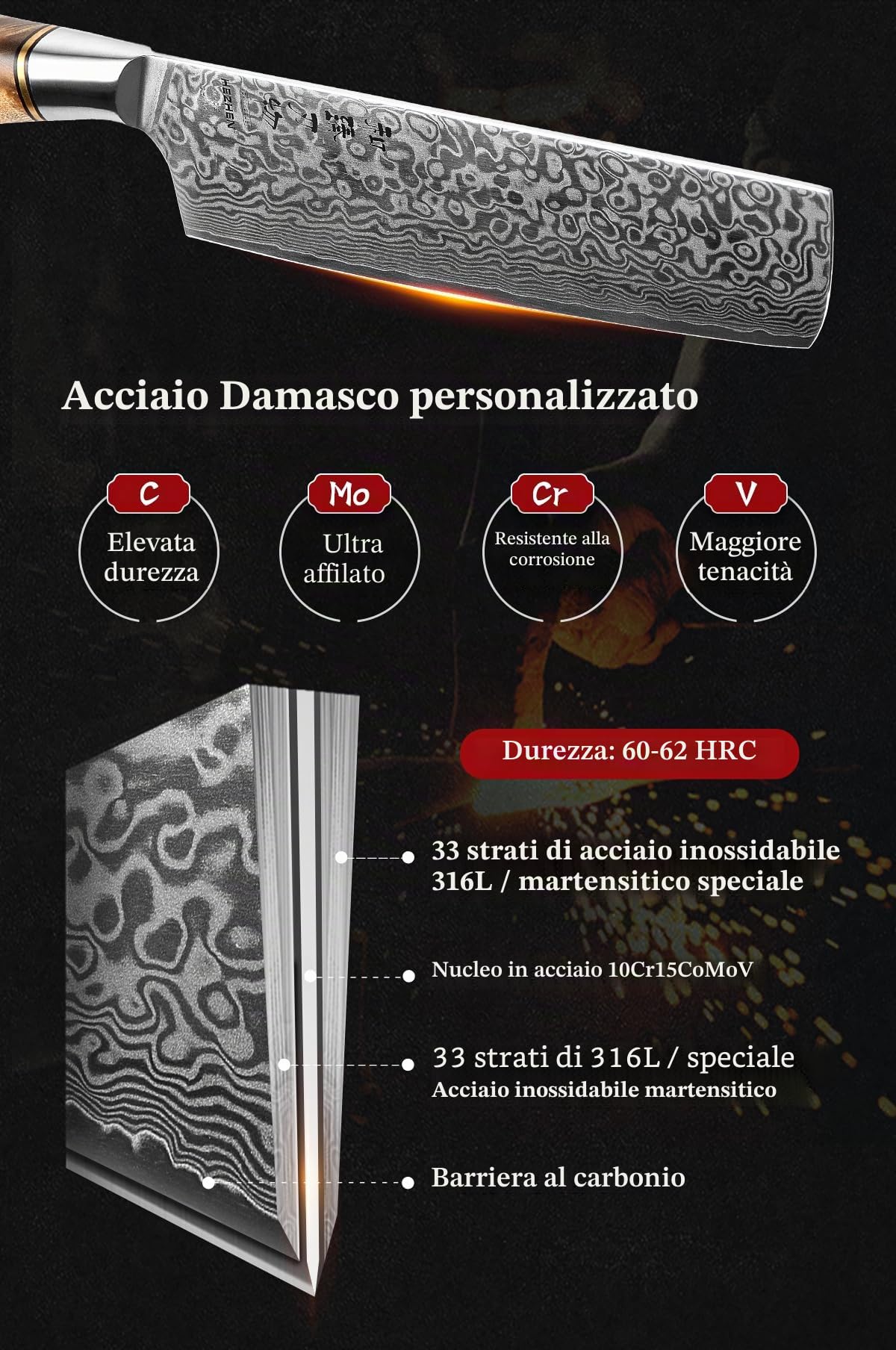 HEZHEN Coltello Nakiri in Acciaio Damasco 18CM, Coltello da Cucina Giapponese Coltello da Mannaia, Coltello da Cuoco Damasco Coltello Santoku