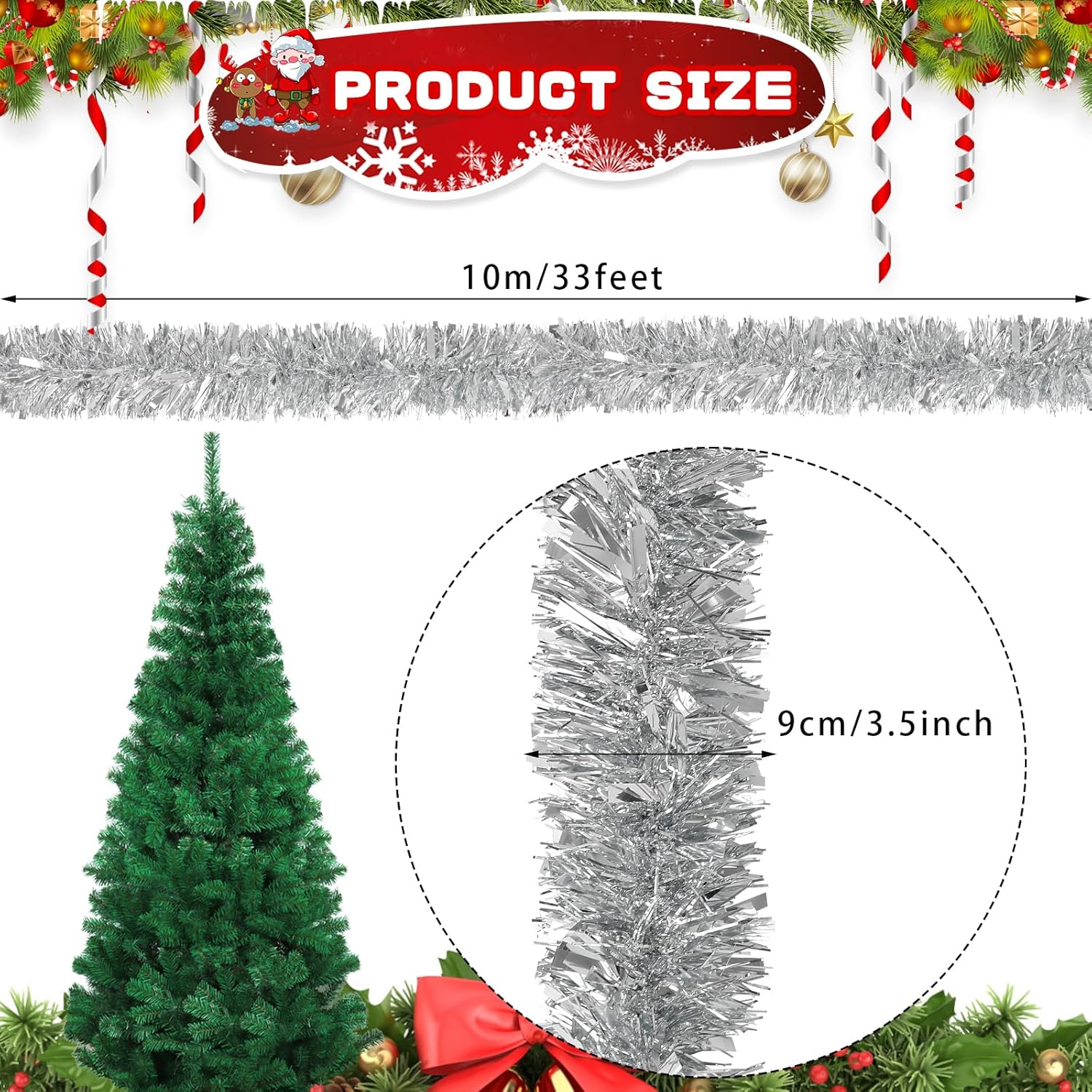 DECORA 33 Feet Silver Tinsel Garland, Christmas Metallic Hanging Tinsel Garland for Xmas Tree Home and Party Decoration - Image 4