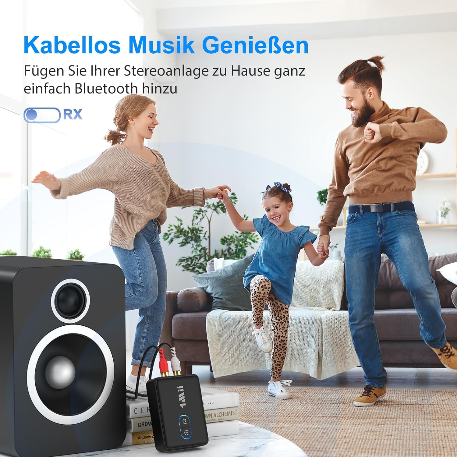 1Mii ML302+ Bluetooth 5.3 Sender Empfänger für TV & Stereoanlage, Audio Adapter mit aptX LL/HD/Adaptive, Dual Link für 2 Kopfhörer und Lautsprecher, AUX 3,5 mm RCA Cinch, 30 Std Akkulaufzeit