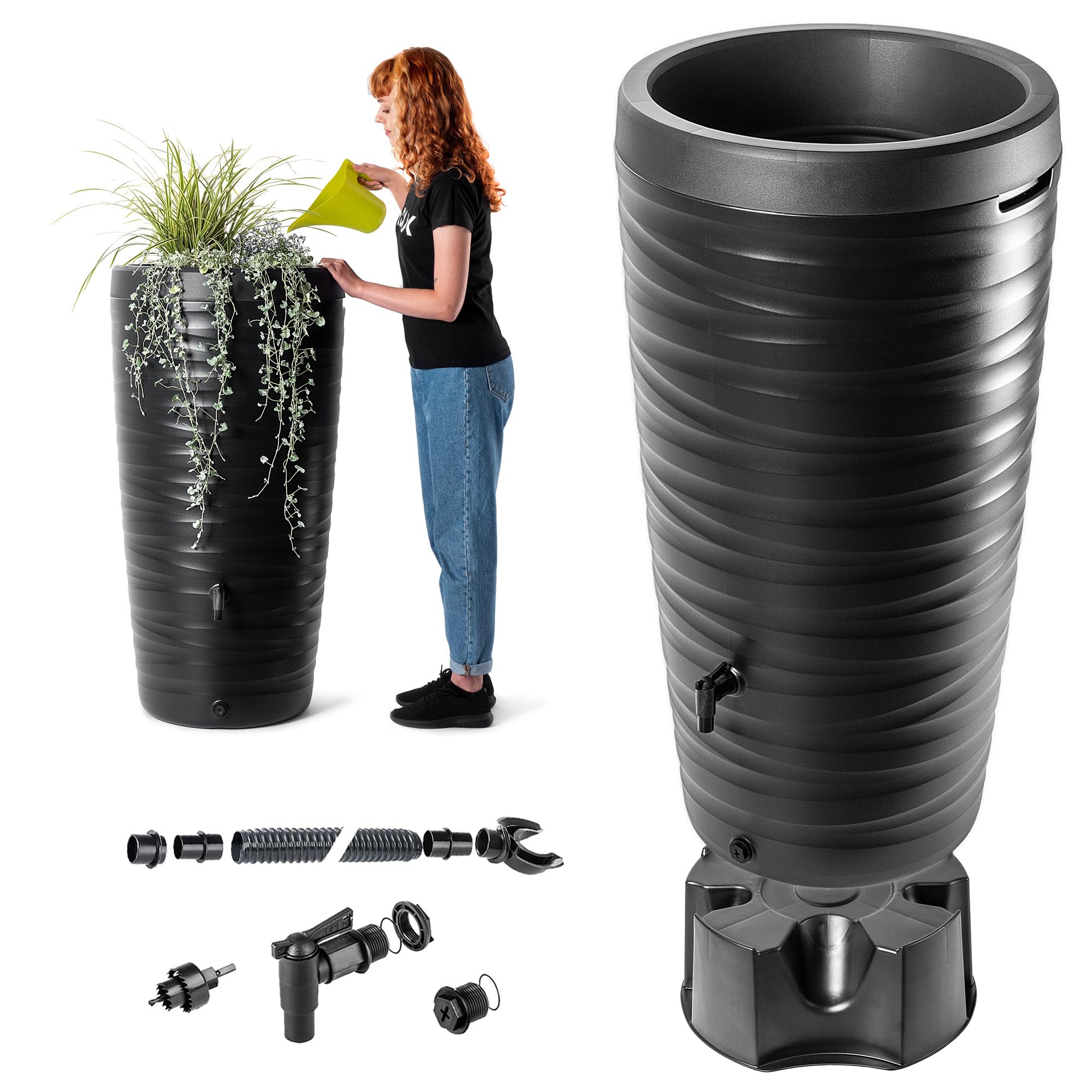 KADAX Barril de lluvia de 240 l, barril de lluvia con grifo, maceta y soporte, depósito de agua de lluvia de plástico, depósito de agua de lluvia para recoger agua de lluvia