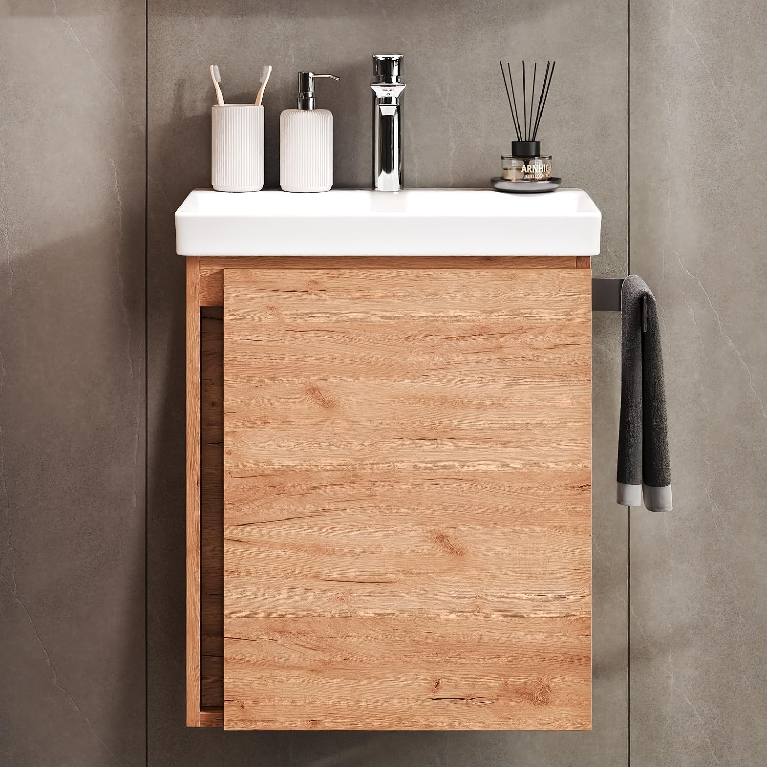 Planetmöbel lavabo con mobiletto 50 cm, mobile lavabo sospeso, chiusura ammortizzata, set di mobili da bagno, rovere oro