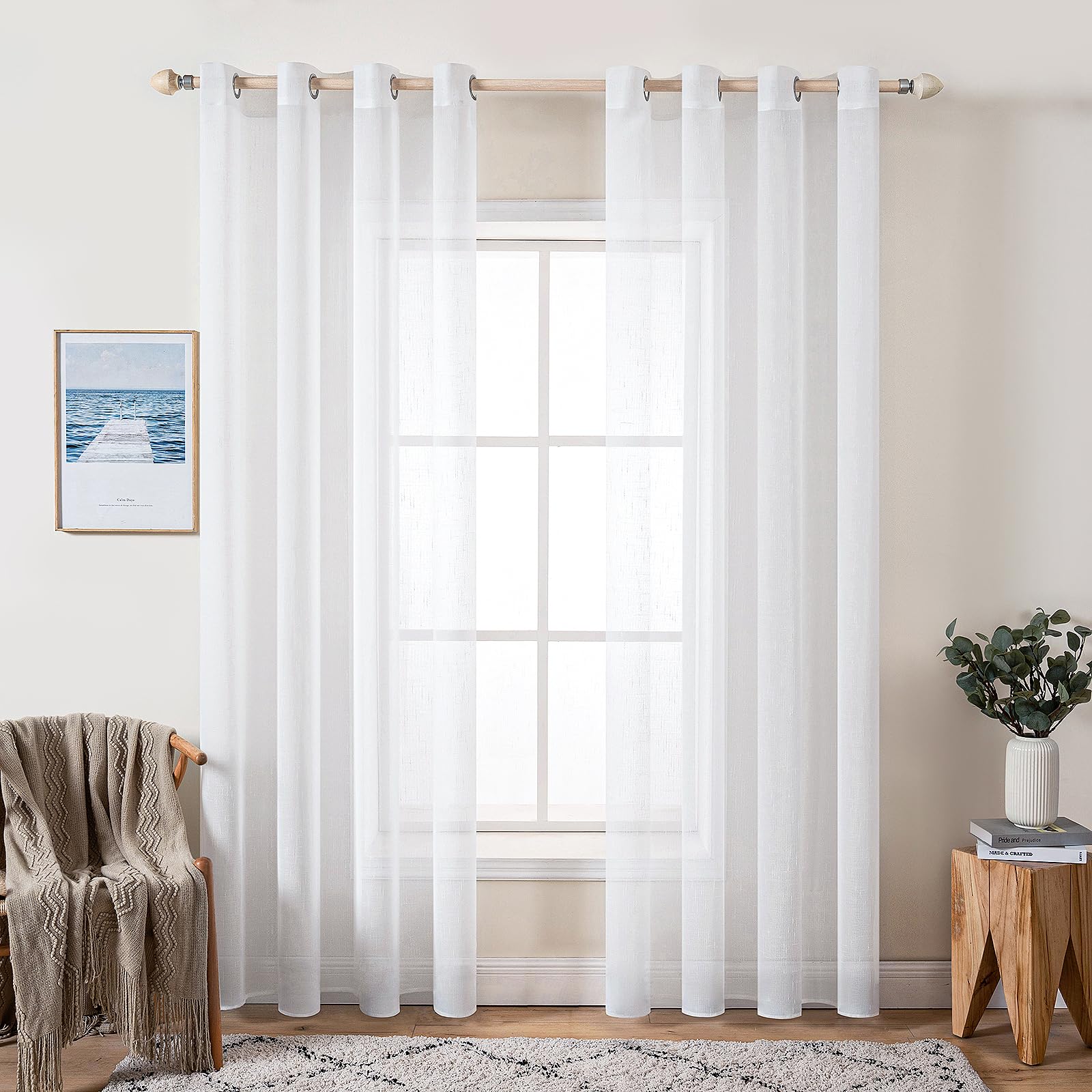 MIULEE 2er Set Voile Vorhang Sheer Leinenvorhang mit Ösen Transparente Leinen Optik Gardine Ösenschal Wohnzimmer Fensterschal Lichtdurchlässig Dekoschal Schlafzimmer 140x225cm (B x H) Weiß