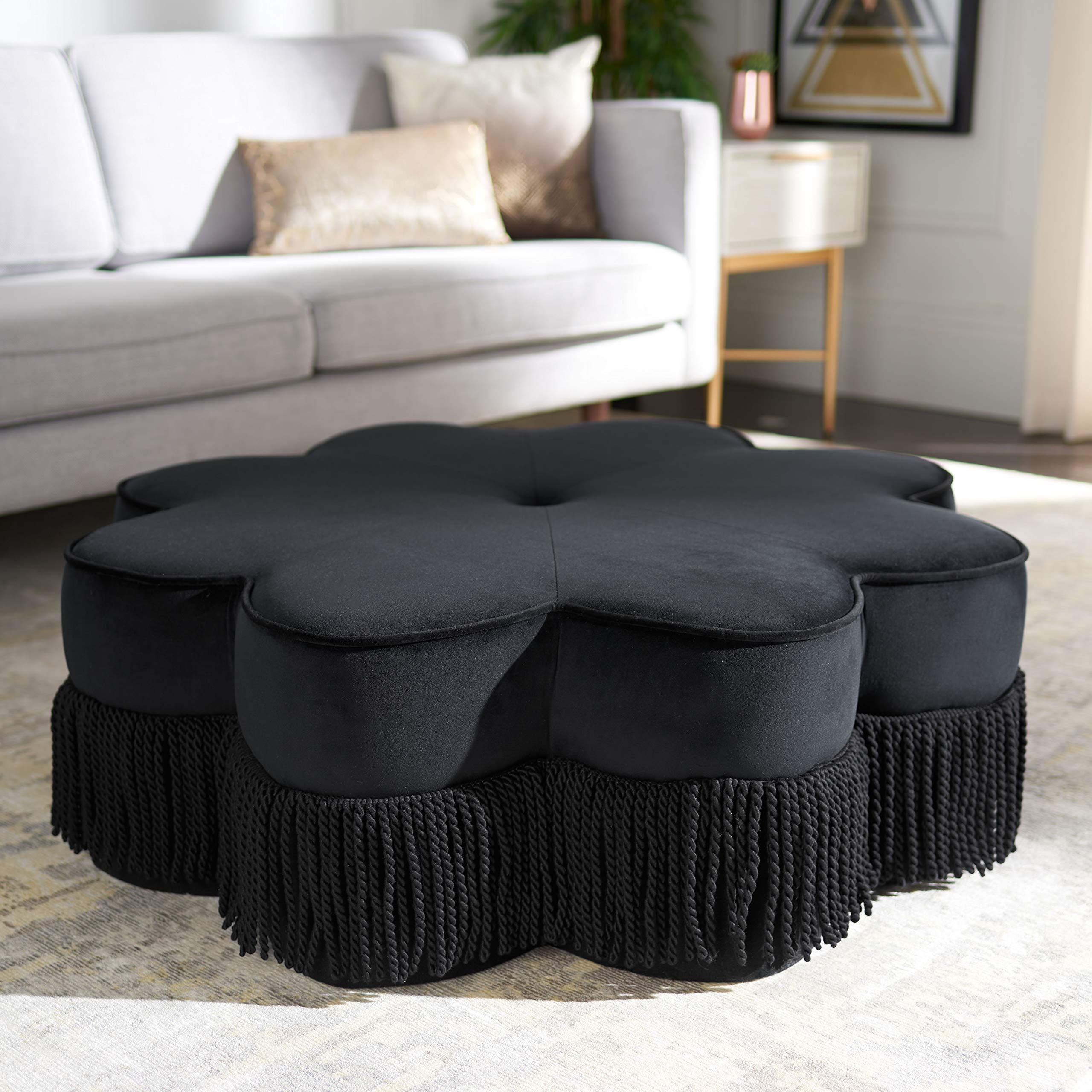 Safavieh Home Tanith Black Velvet Flower Ottoman