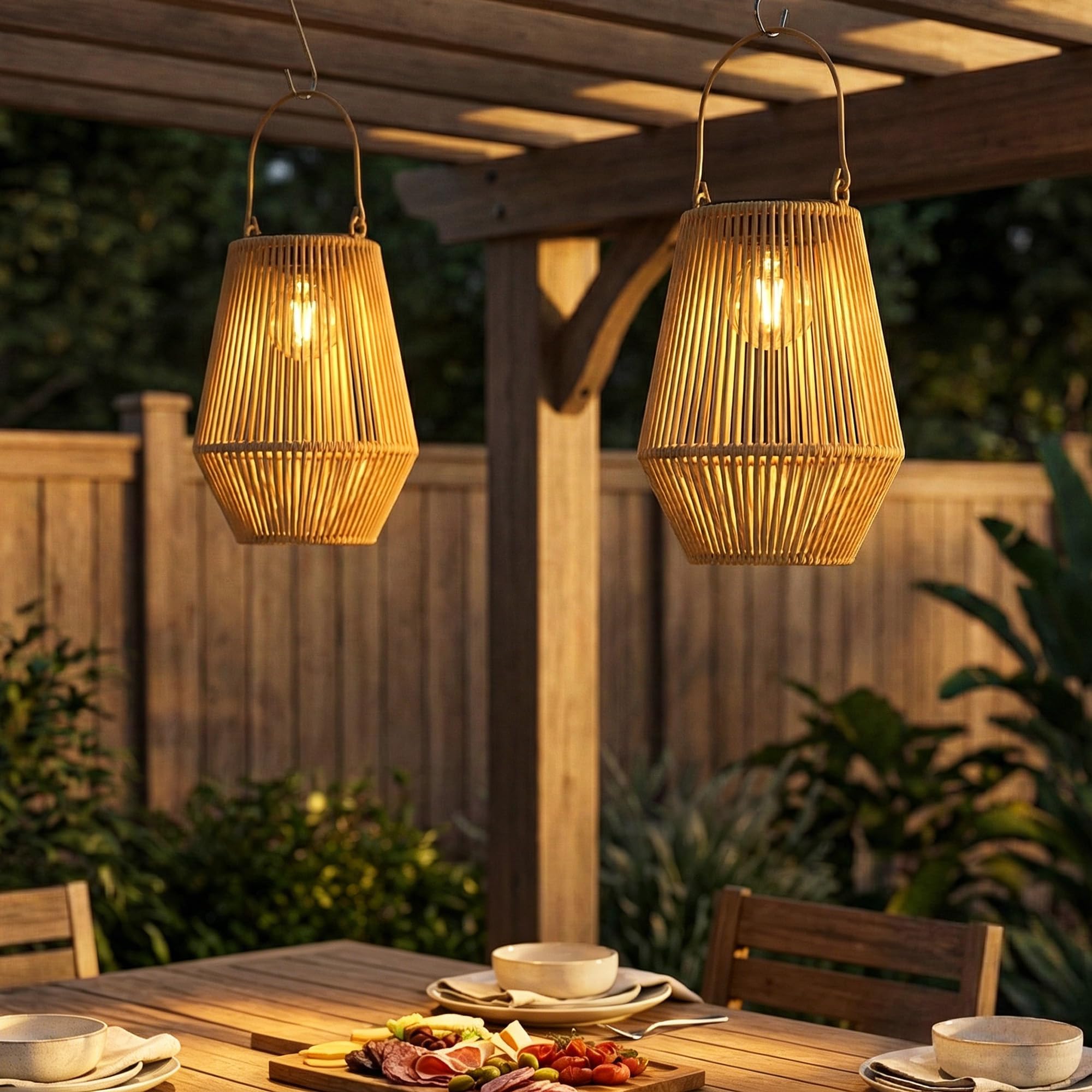 Lot de 2 lanternes tressées auto-éclairantes à énergie solaire pour décoration d'ambiance de camping et de jardin