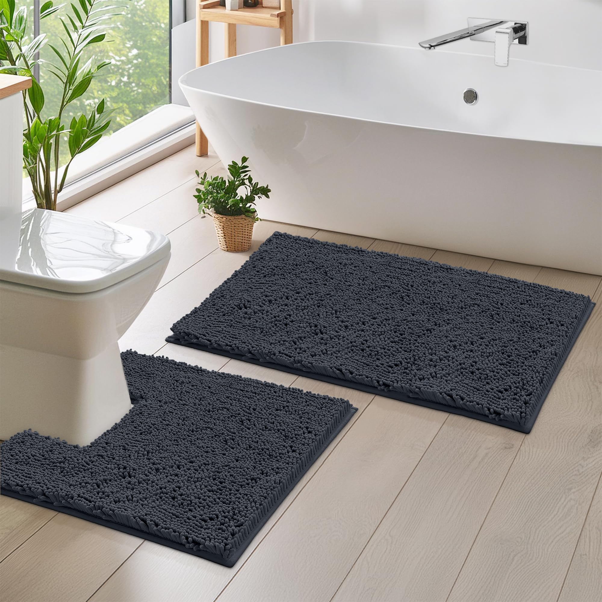 Luxurious Charcoal Bath Mat Set: Plush Chenille Rugs with Anti-Slip Design, U-Shaped Toilet Mat. Microfiber Shaggy Carpet for Superior Absorbency - 20''x 30'' + 20''x20'' Curved Set Square โ image 1
