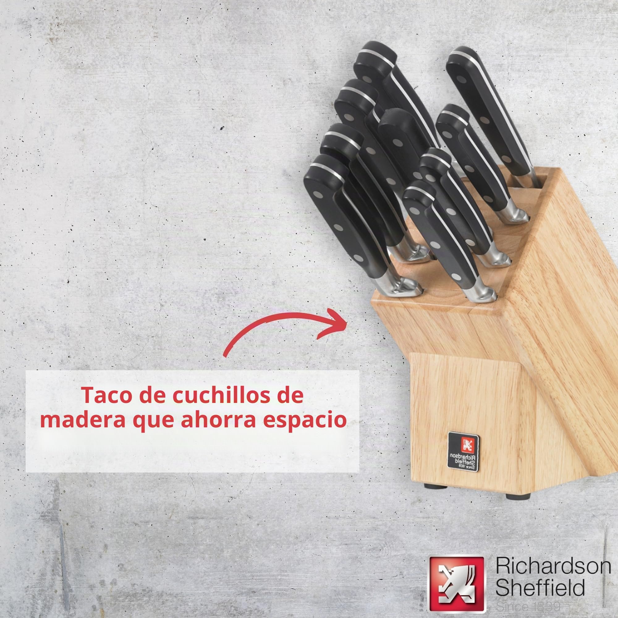 RICHARDSON SHEFFIELD V SABATIER Bloque Juego Verduras, deshuesar, Cuchillo de Chef, Tenedor de trinchar, Afilado, etc Plástico Cromo-molibdeno-vanadio, Madera Acero Inoxidable, Multicolor, talla única