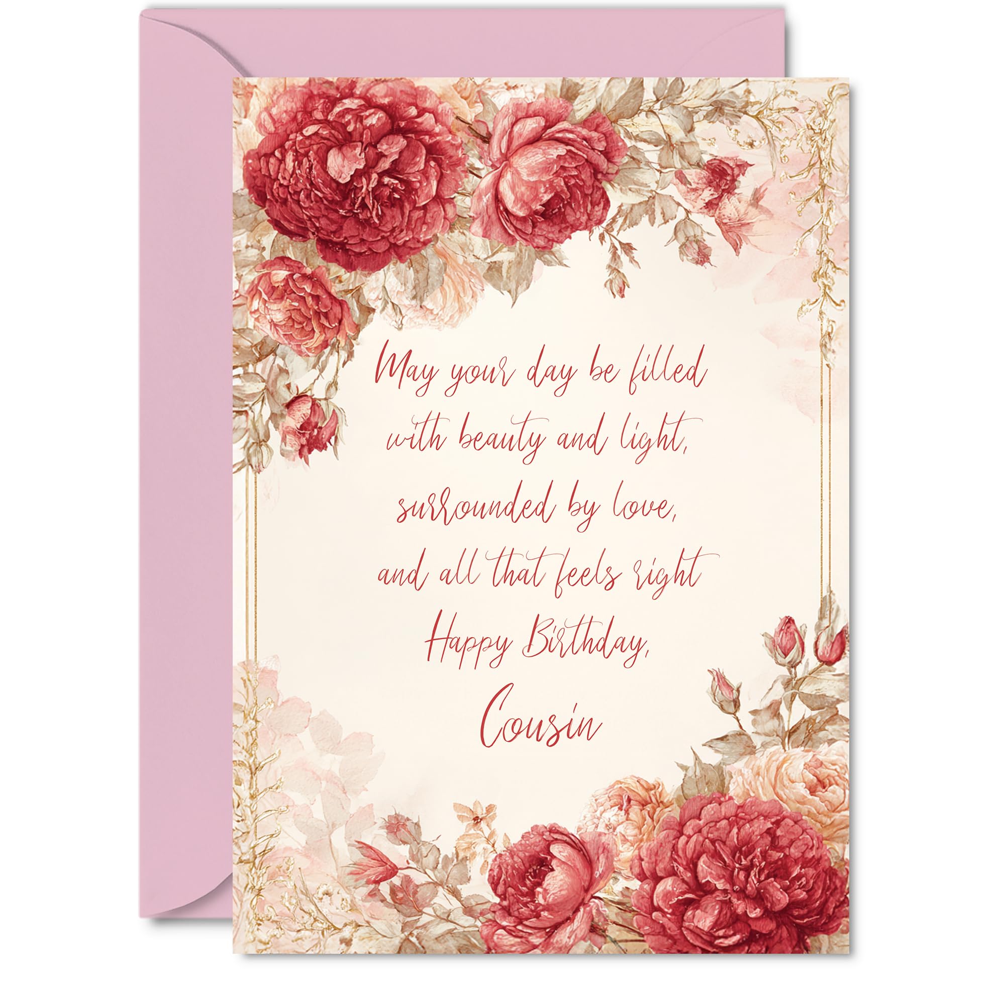 Cousin Birthday Card - Vintage Peonies - Happy Birthday Card for Cousin from Family Relative, A5 Classic and Timeless Bday Greeting Cards