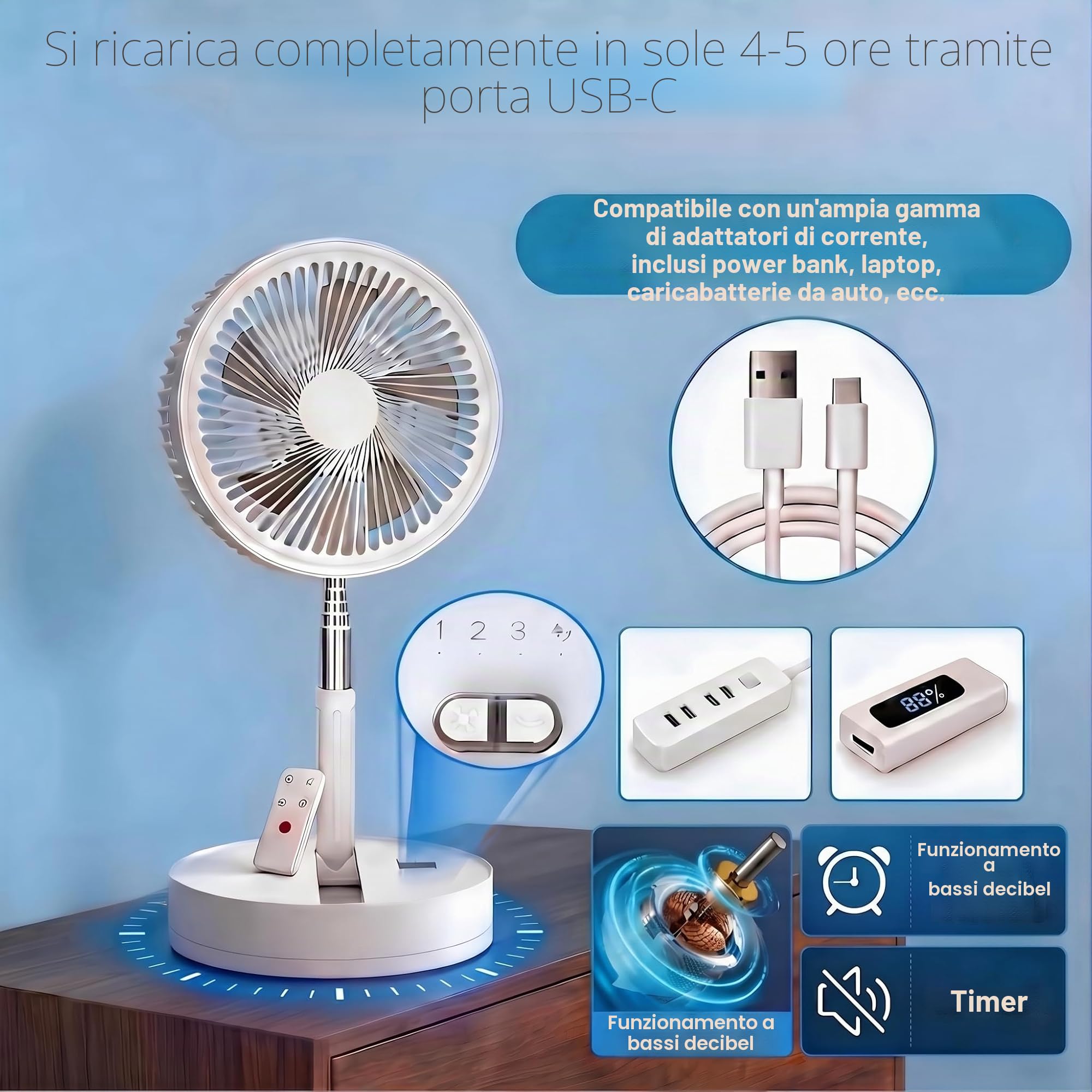 LBSTP Ventilatore Portatile Ricaricabile 8000mAh – Silenziosissimo, Pieghevole, Oscillante e Inclinabile, 4 Velocità con Telecomando, USB Ricaricabile, 8.6 Pollici, Bianco – per Campeggio Viaggi