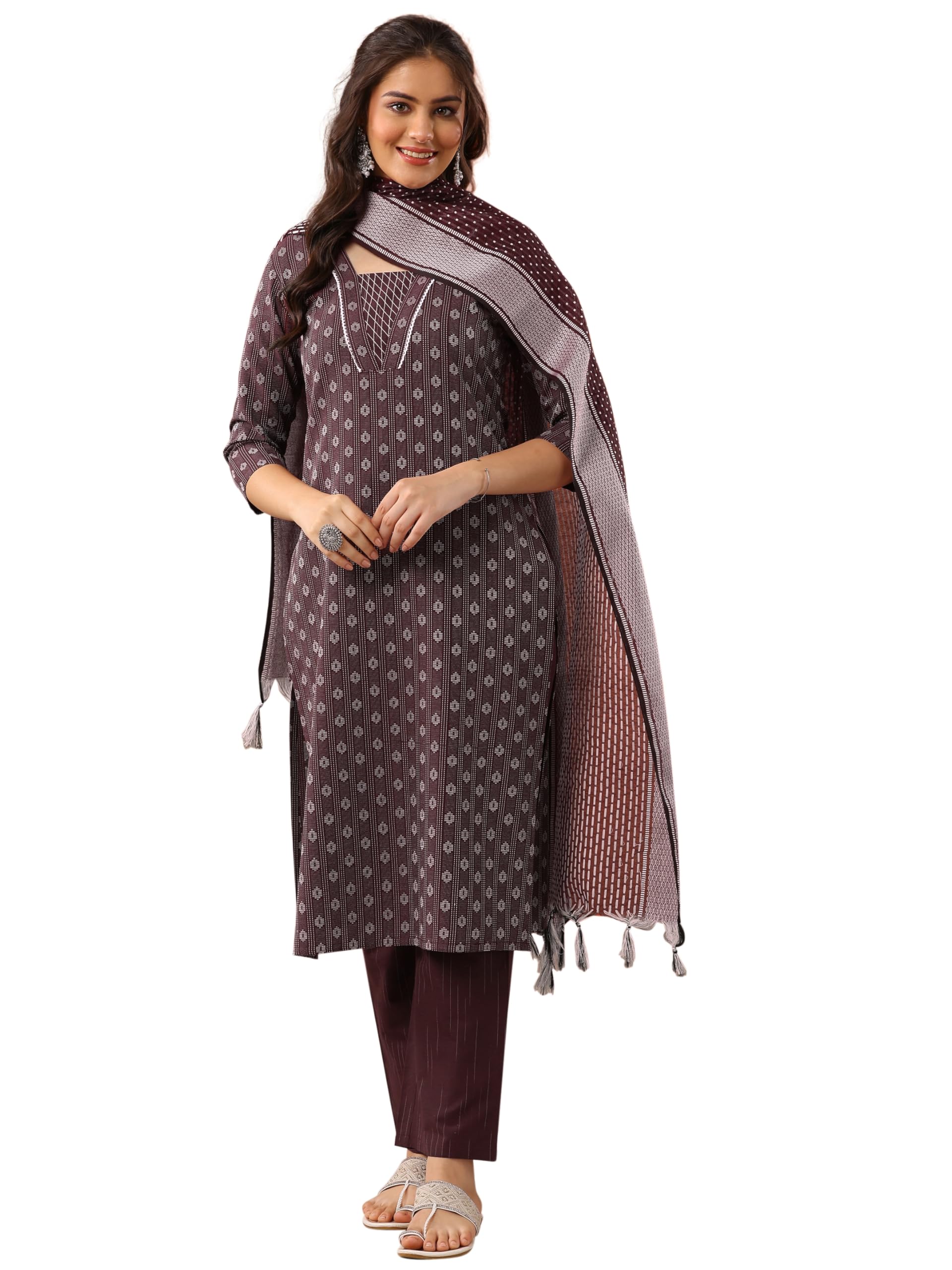 Woven Design Cotton Blend Straight Kurta With Trousers and Dupatta-image-49