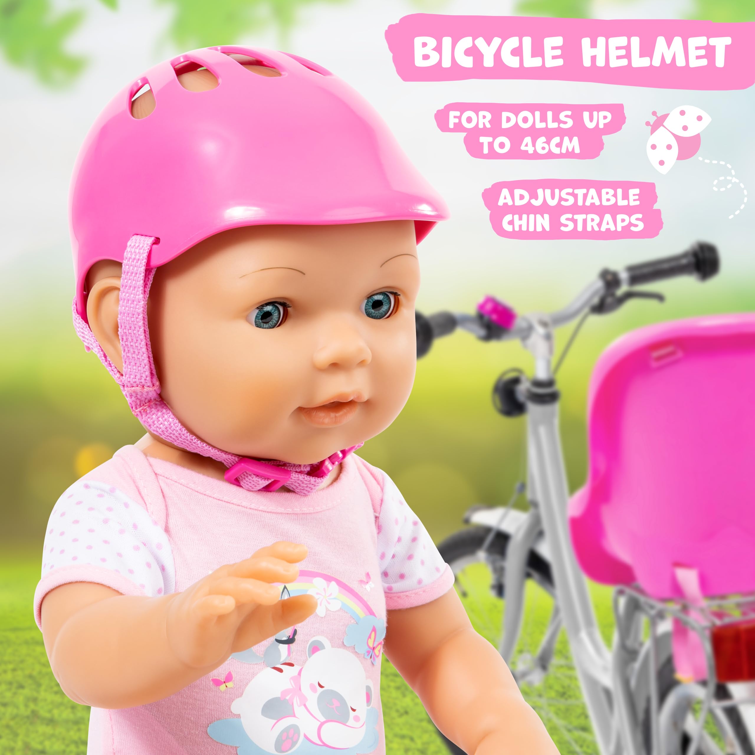Bayer 67300AB Fahrradsitz, Puppensitz, Puppenzubehör mit Helm, Fahrradhelm für Puppen, pink Spielzeug