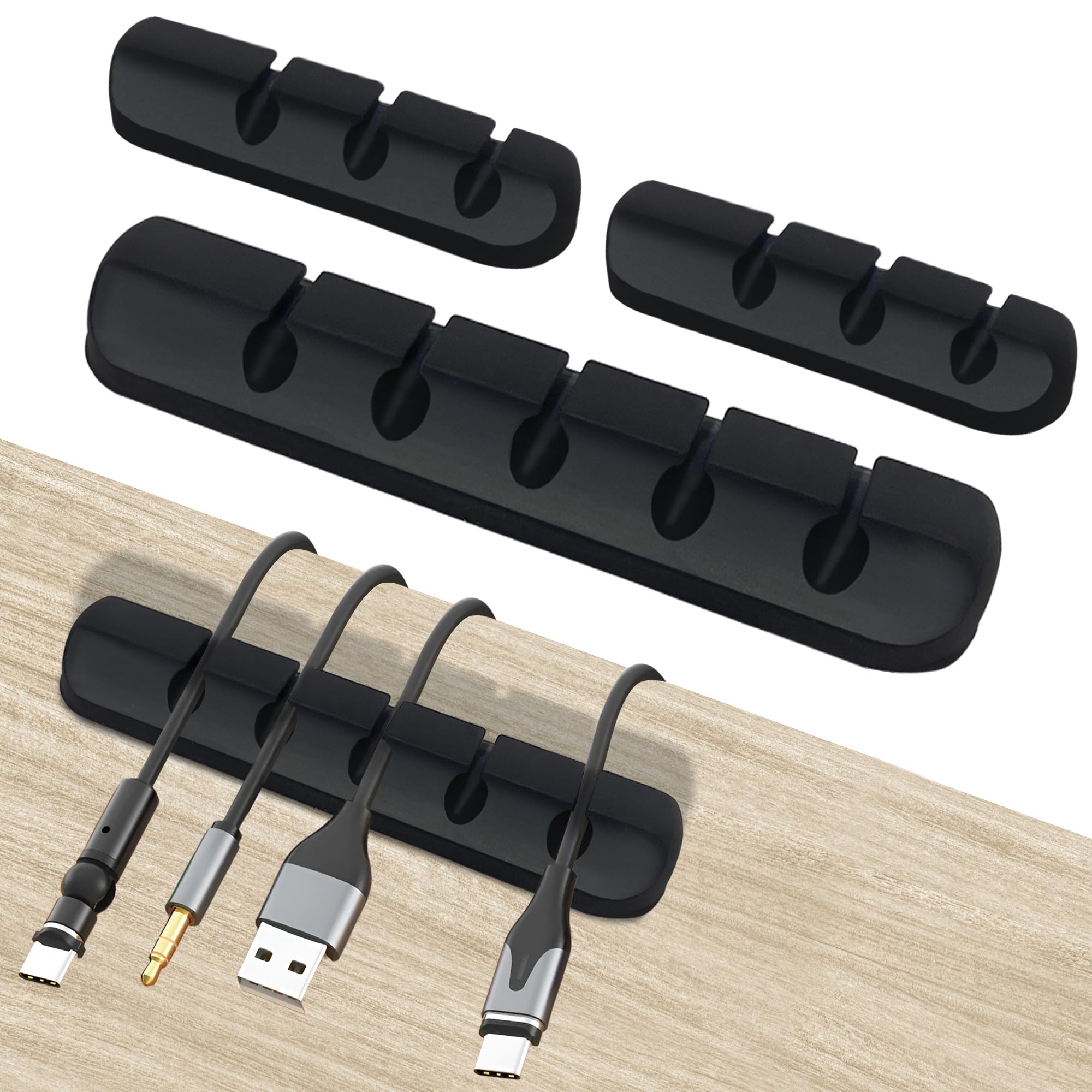 JEAL23 Pack 4 PCS Organizador Cables de Silicona | Clips para Cables Autoadhesivos | Recoge Cables. (Negro)