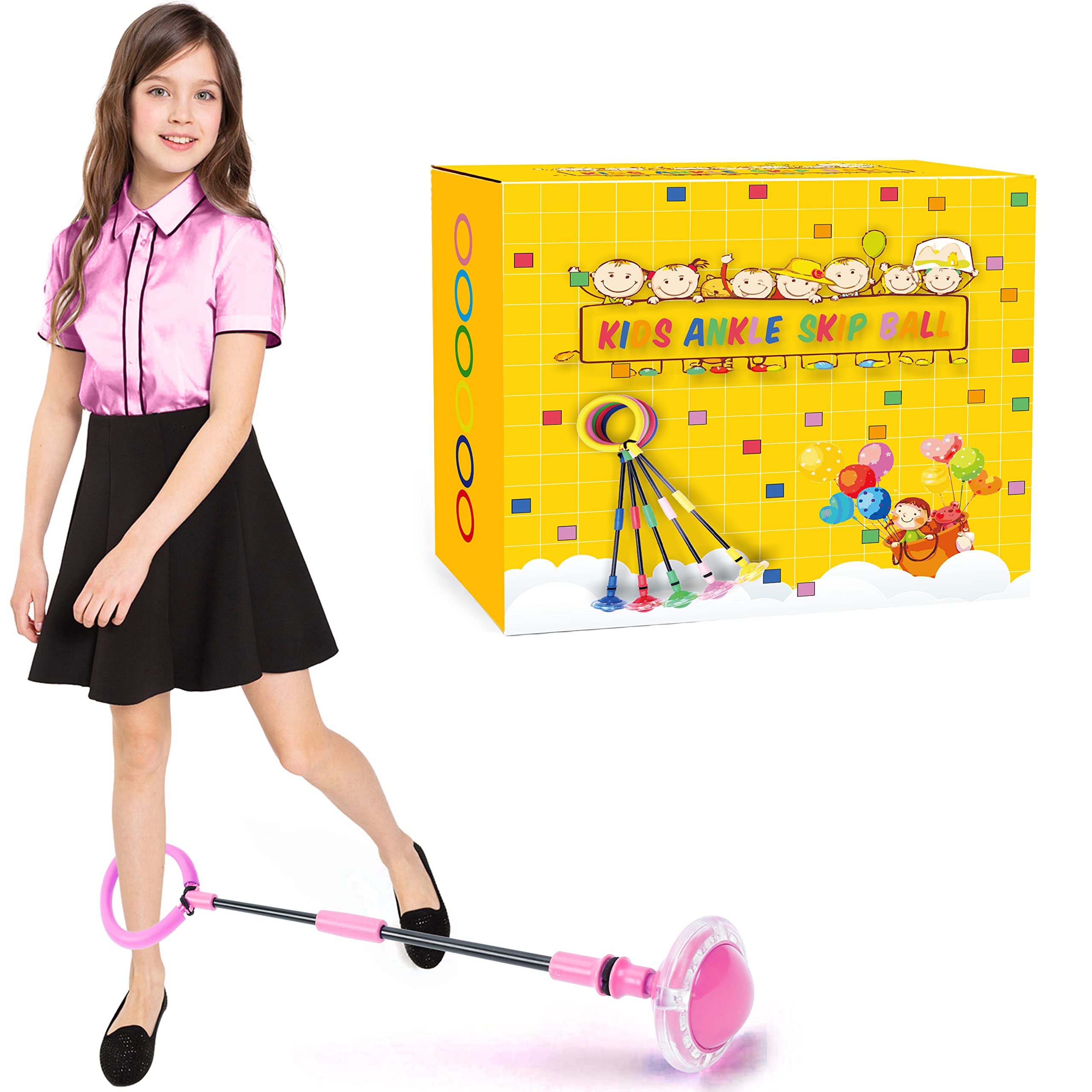 Skip Ball for Kids, Skip it Foldable Colorful Flash Wheel Boys Girls Toys, Indoor Outdoor Jump Rope Game Toys for Adults and Age 5 6 7 8 9 10 Years Old (Pink)