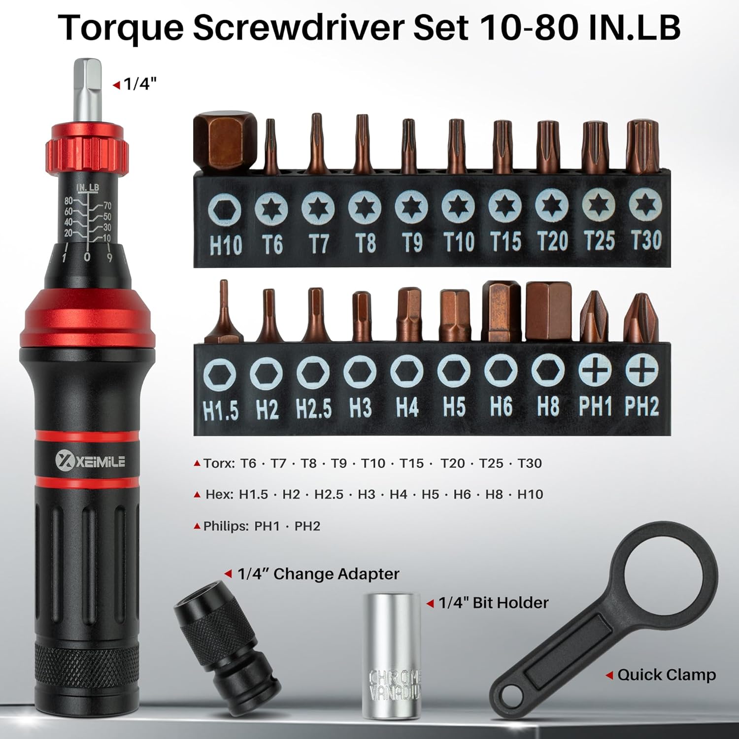 Torque Screwdriver 10-80 In.Lb, Inch Pound Torque Screwdriver Set with 1/4" Bit Holder, Flat, Hex, Torx and Philips Bits,Suitable for DIY Bicycle Maintenance, Pecision Tool,Mechanical