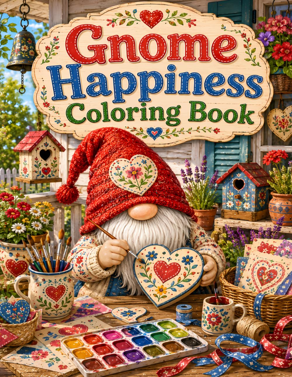 Gnome Happiness Coloring Book: 40 Delightful Coloring Pages with Cheerful Gnomes, Cozy Craft Rooms and Whimsical Workshop Scenes