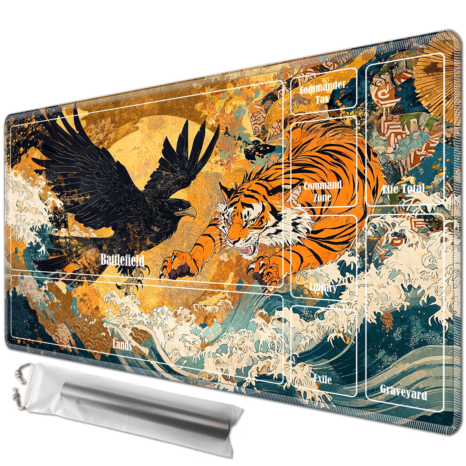 JANENFNA Playmat 27.5" x 15.7" with Magic Zones for MTG Card Game Playing, Board Game Mat for Card Breaking Commander Deck Gaming Card Game Battles Mat with Storage Bags, Ukiyo-e Eagle and Tiger โ image 1