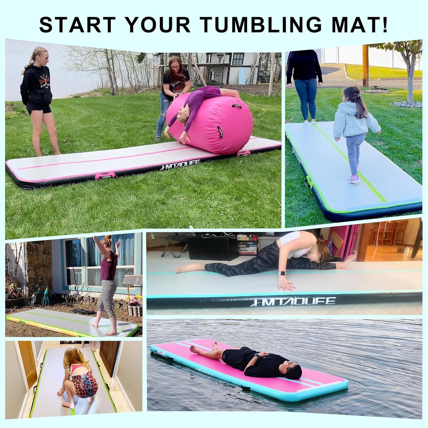 Hmtaolife Gymnastics Mat Air Tumble Track[with SHOULDER STRAP], 6.6/10/13/16/20ft Inflatable Training for Kids, Thickness Floor with Electric Pump Home/Water Fun/Train New Green/White