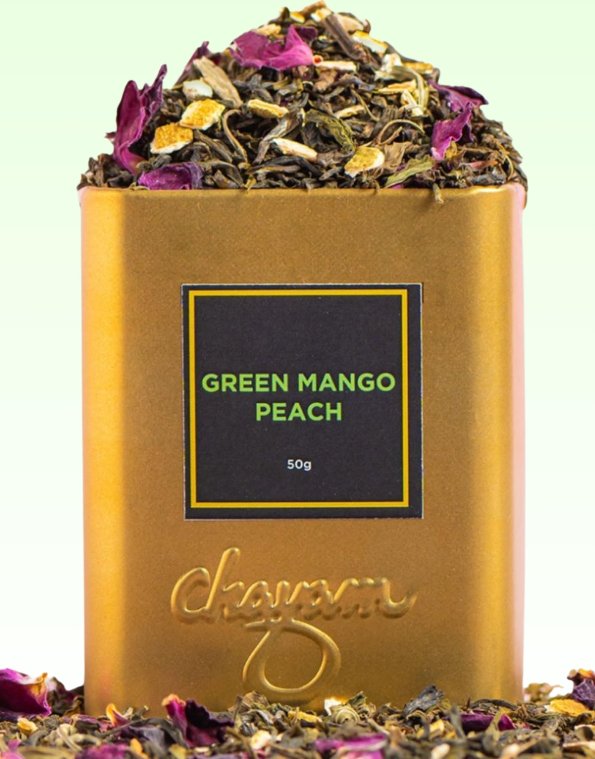 CHAYAM Mango Peach Green Tea - 50g | Refreshing Fruit-Infused Green Tea | Natural Mango & Peach Flavour | Boosts Energy & Focus | Metabolism Boost | Brew Hot or Cold | Premium Tin Pack-picture-23