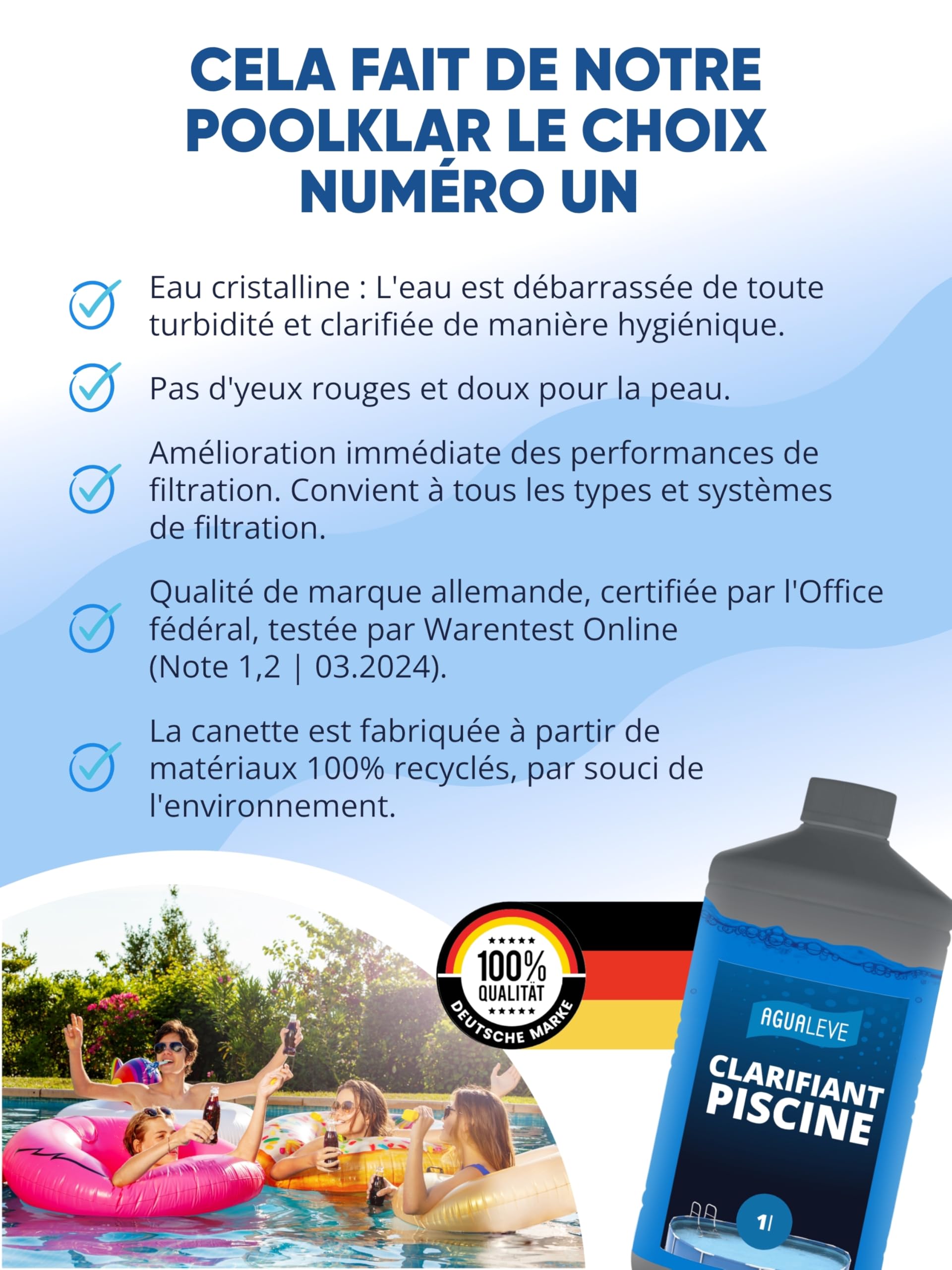 AGUALEVE® Clarifiant Piscine 1L | Formule Cristalline 2.0 pour Une Eau de Piscine Parfaite | Piscines, spas et pataugeoires | Qualité de Marque Made in Germany | pour 200 000 L d’Eau de pisci