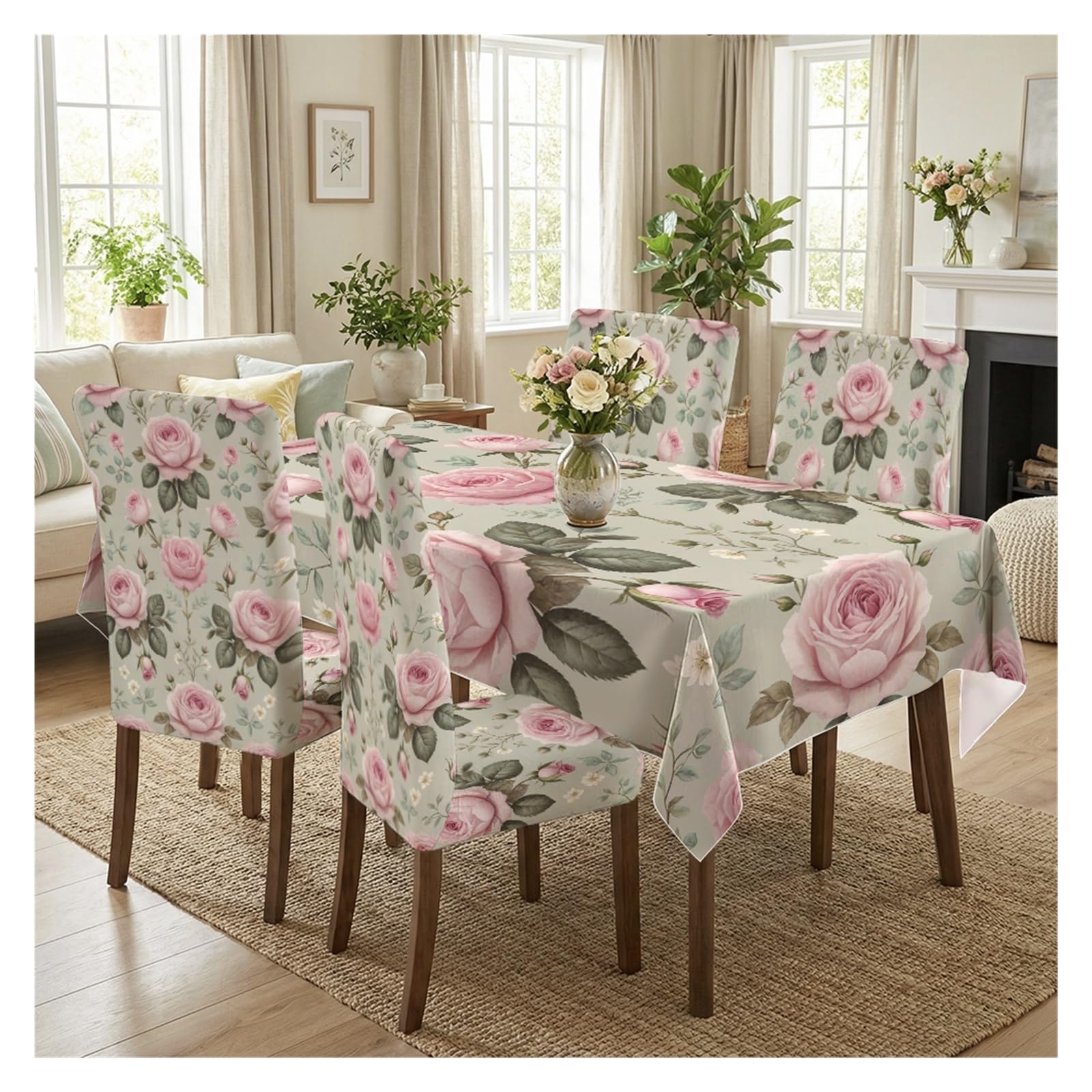 BOSUYBN Light Green Base Pink Rose Floral Printed Dining Tablecloth & Chair Covers Set, 5/7 Piece Soft Romantic Cottage Home Decor Table Setting(5pcs Set: Tablecloth+Chair Covers)