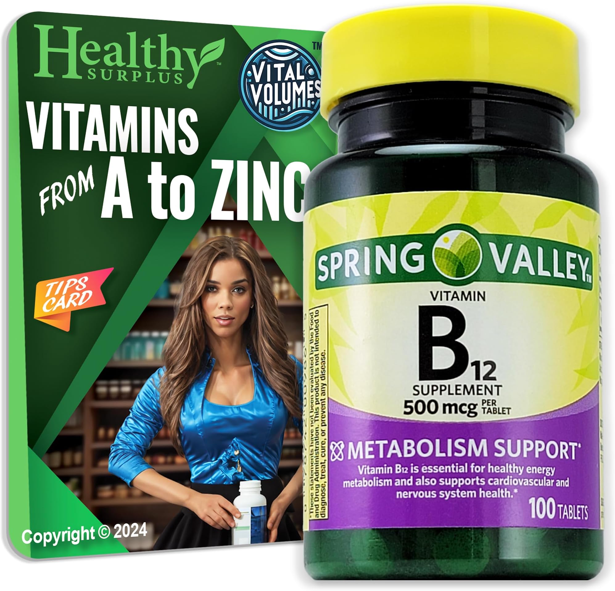 Healthy Surplus Vitamin B12 Supplement Tablets 500 mcg 100 Tablets and Vital Volumes Tips Card