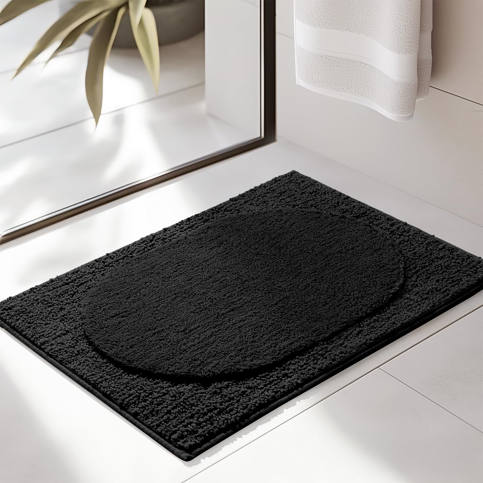 DEXDE Black Bathroom Rug Runner 24x16 - Ultra Soft Plush Microfiber Bath Mat, Non-Slip Quick-Dry Absorbent Shaggy Carpet for Modern Shower, Tub &