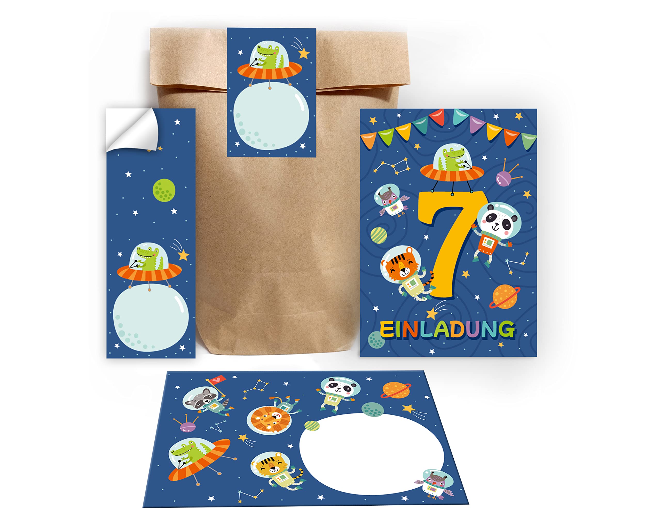 Junapack 12 biglietti di invito per il 7° compleanno dei bambini, invito per il settimo compleanno delle ragazze, con 12 buste, 12 buste, 12 adesivi, 12 segnalibri, 12 blocchi