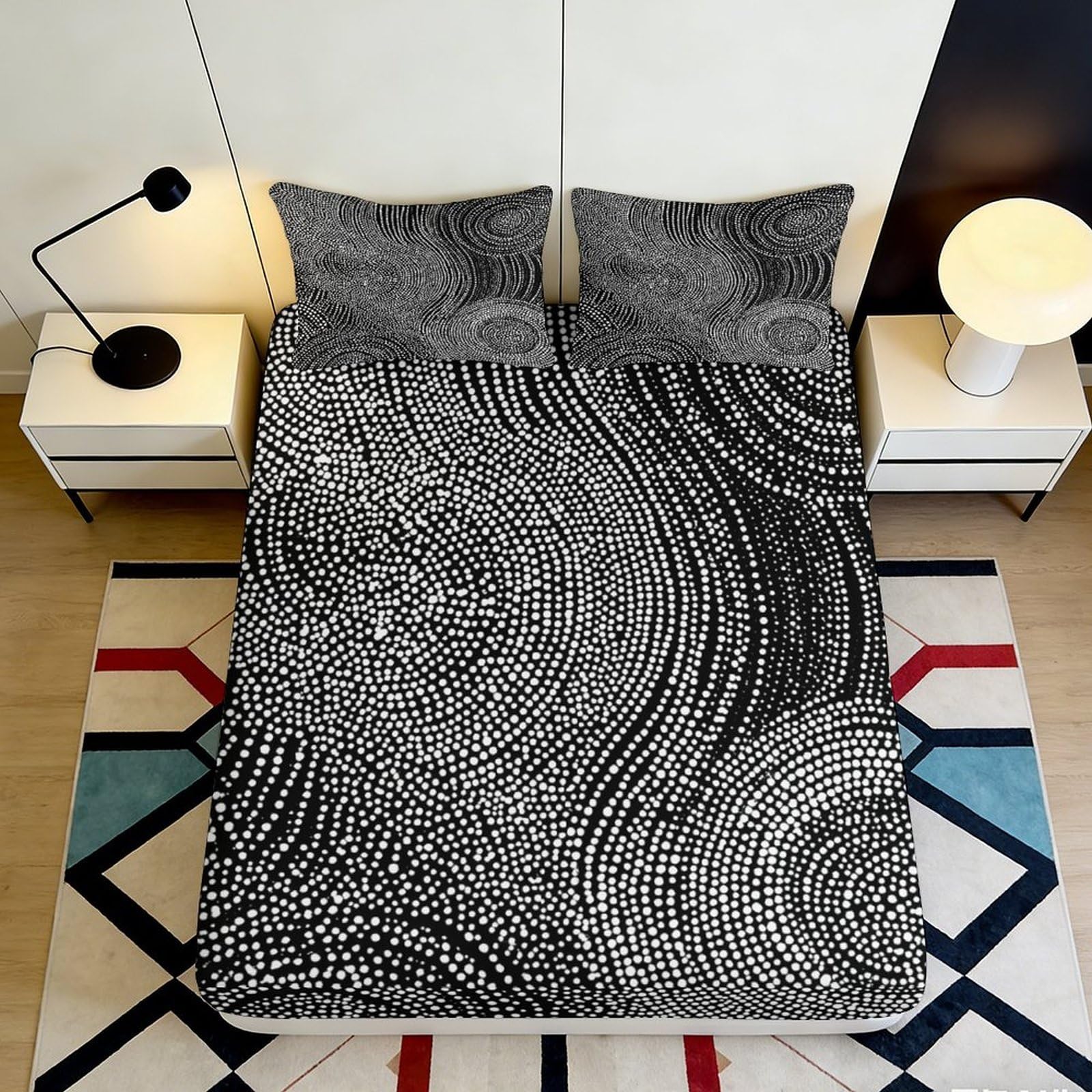 3D Printed Abstract Spiral Black Fitted Sheet Microfiber Soft Modern Dot Mattress Cover Bedroom Home Decor 90x200x25cm