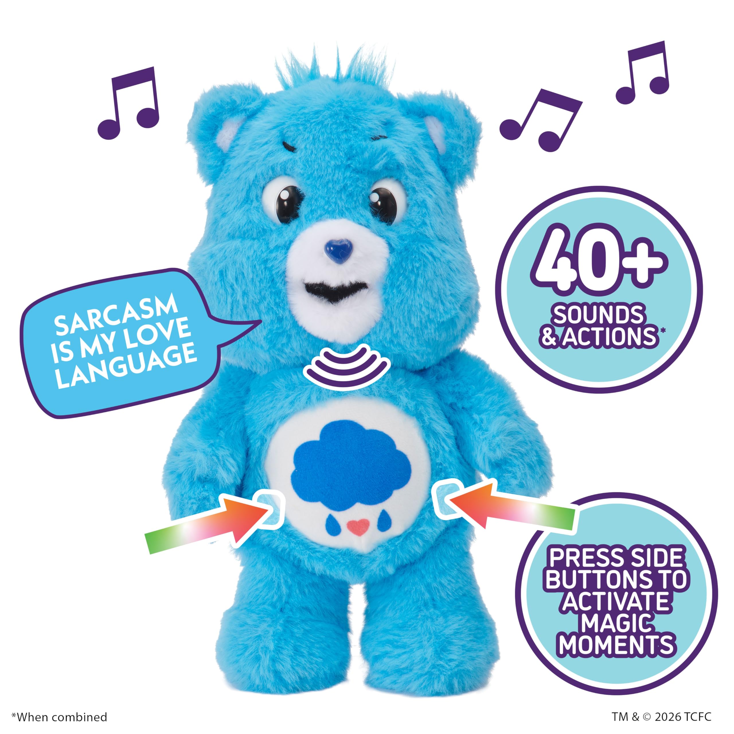 WOW! STUFF Care Bear Grumpy Palm Puppetronic, pluszowa interaktywna miękka zabawka, gadający plusz z dźwiękami i czynnościami, czujnik dotyku głowy, ruchome oczy, usta i głowa, wiek 6 plus