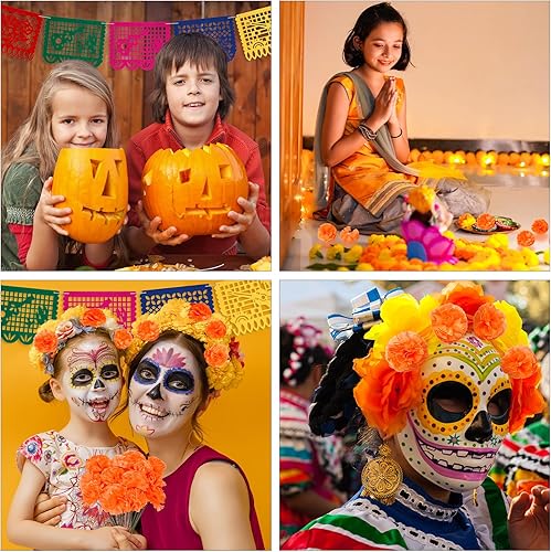 Miniatura 2 de Decoraciones de Ofrenda  69 piezas de cabezas de flores de caléndula y pancartas mexicanas para fiesta de Día de los Muertos, decoraciones de