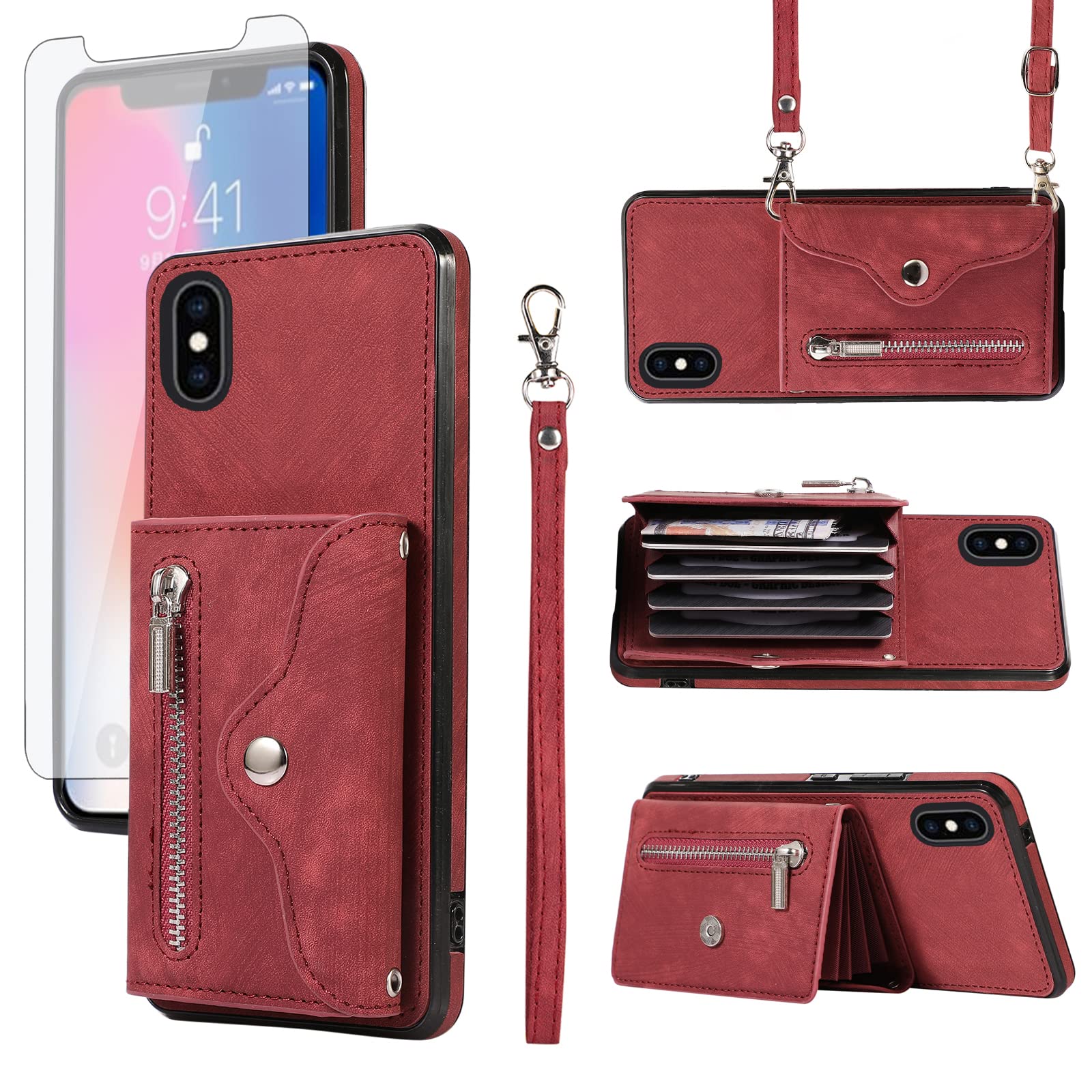 Support et dragonne pour iPhone X, étui portefeuille rouge multi-usage - 8