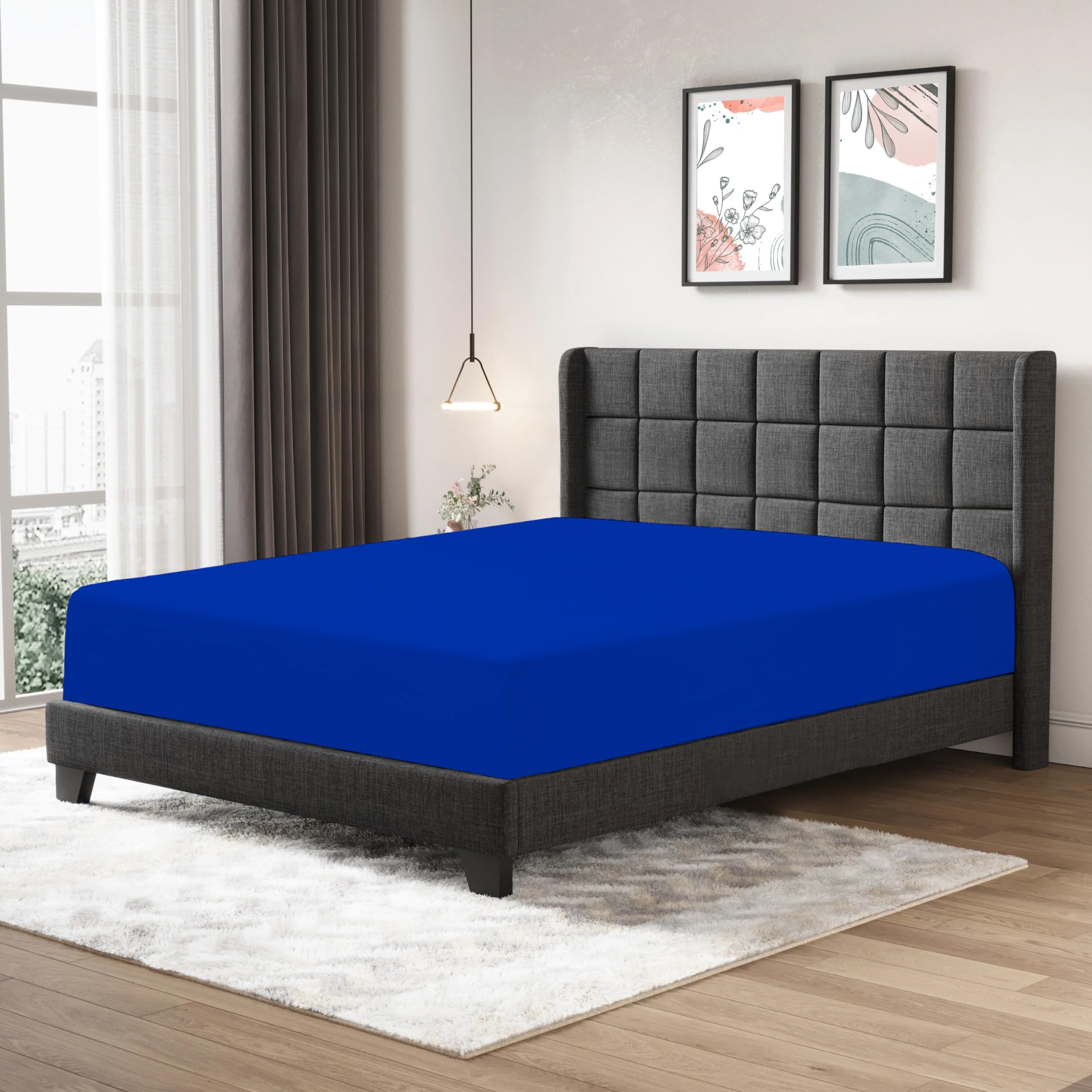 Fitted Sheet 25cm Deep Mattress Pocket 100% Egyptian Cotton 200 Thread Count Soft & Fade Resistant Bottom Fitted Bed Sheet (Royal Blue, Double)