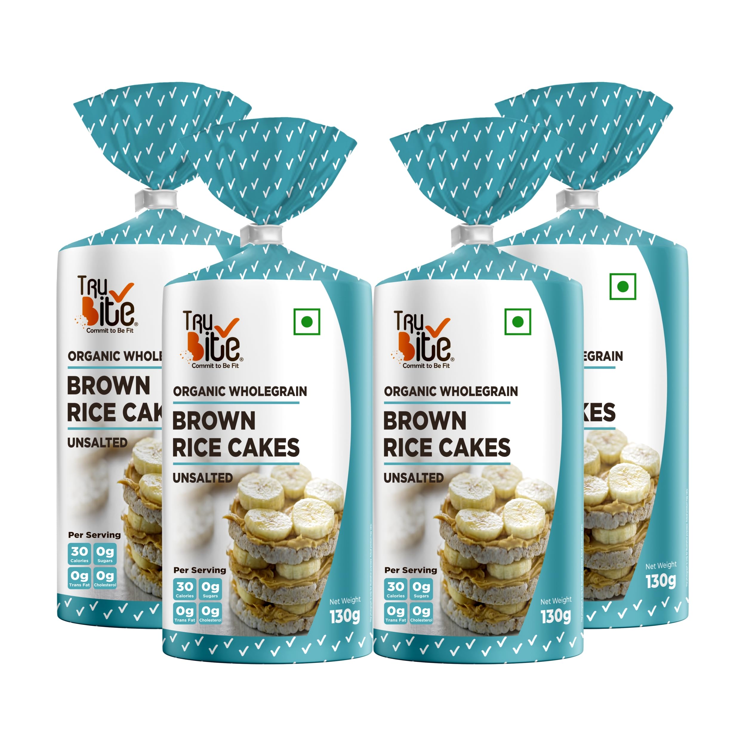 Trubite Crispy Organic Wholegrain Brown Rice Cakes (Unsalted) (Pack Of 4) (130g x 4) | 100% Natural | High In Fiber | Low In Calories | Cholesterol Free | Super Healthy