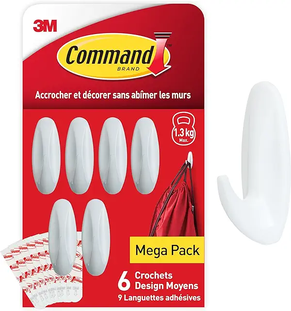Lot de 6 Crochets Adhésifs Command Blancs - Fixation Sans Trace pour Mur