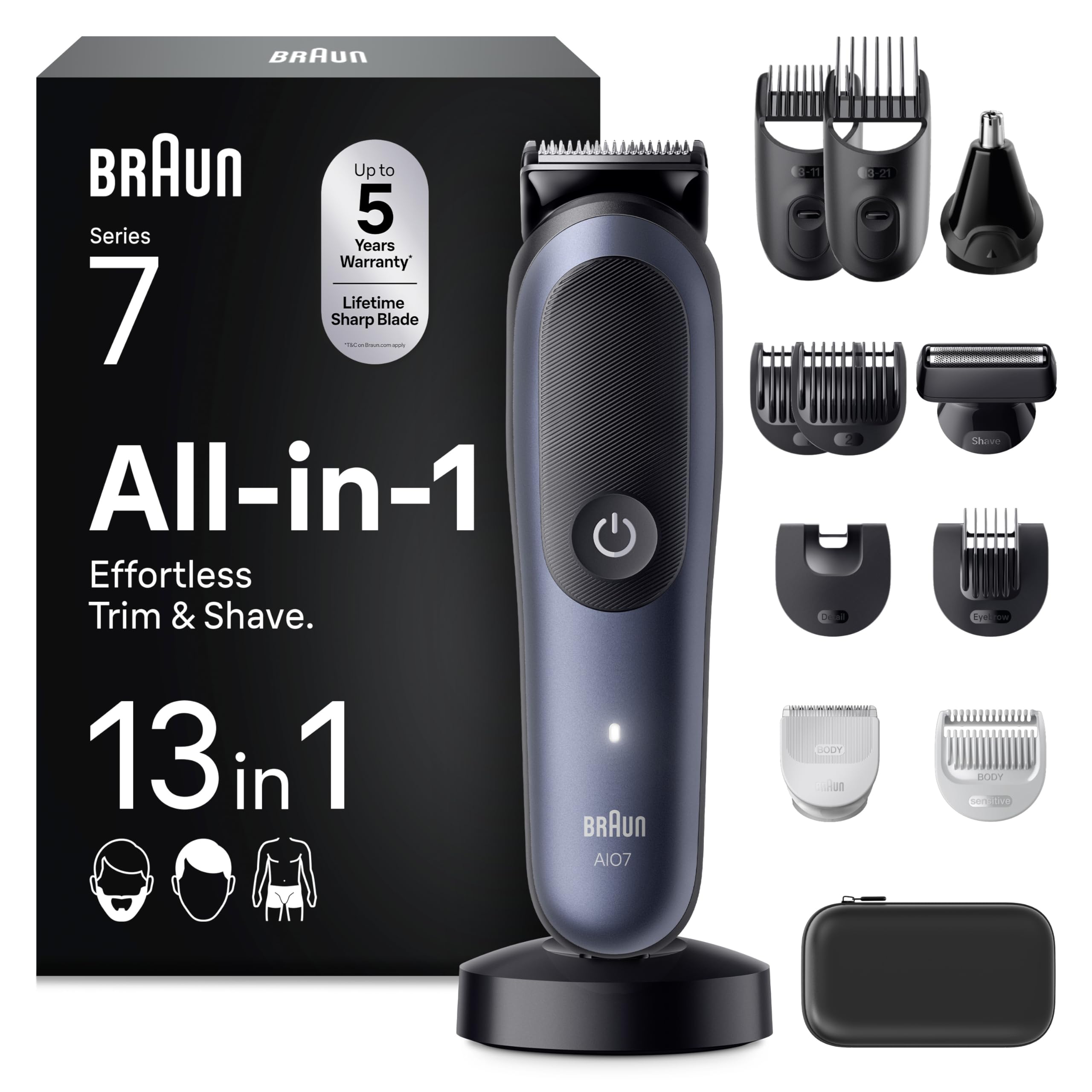 Braun All-in-One Trimmer-Set 7, 13-in-1 Multigroom, Barttrimmer, Nasenhaartrimmer, Haarschneidemaschine für Gesicht, Kopf und Körper, 120 Min Akku, 14 Längen (0.1–21 mm), Wasserdicht, AIO7565, Blau