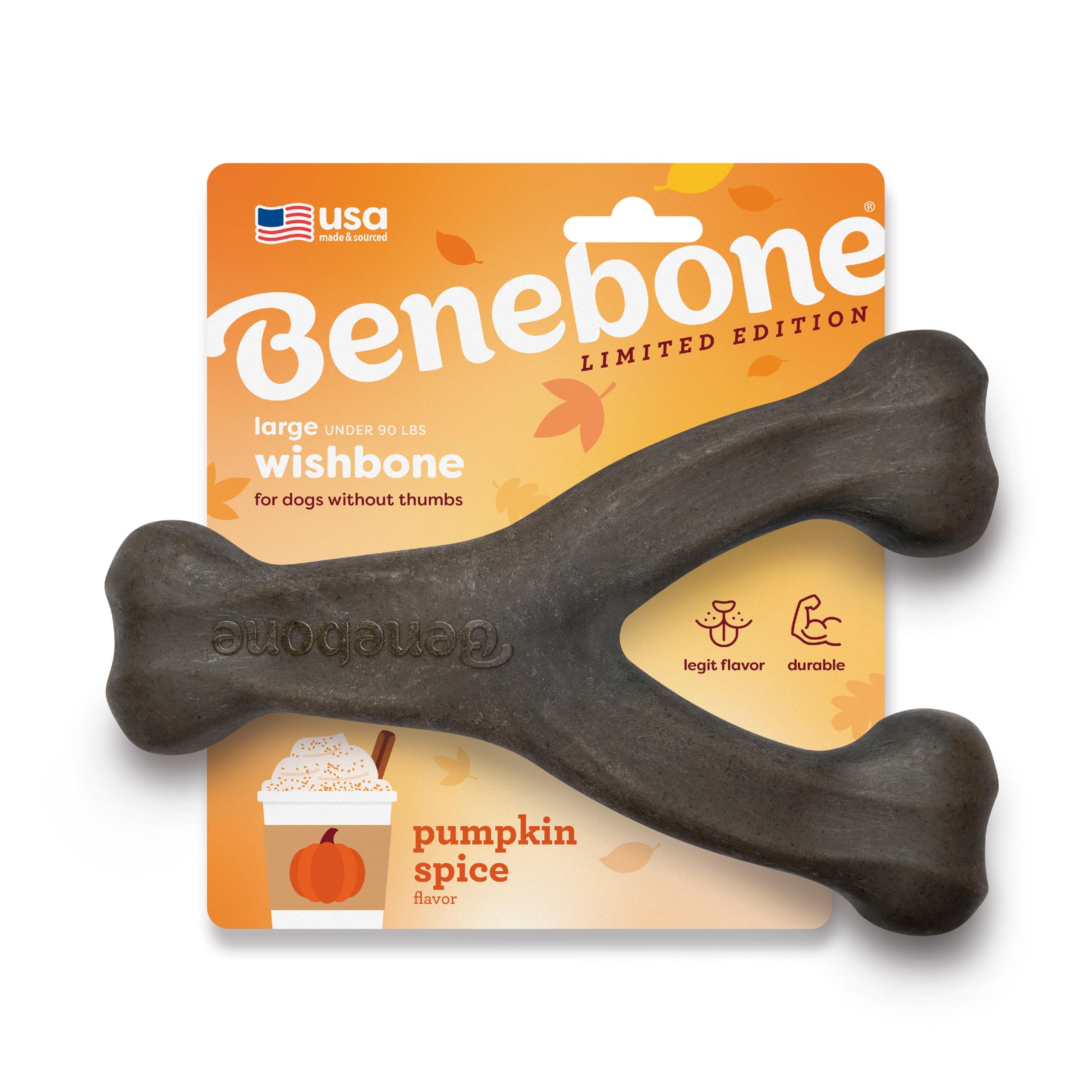 Benebone Pumpkin Spice Wishbone – Limited Edition Flavor, Durable Dog Chew Toy for Aggressive Chewers, Made in USA, Large